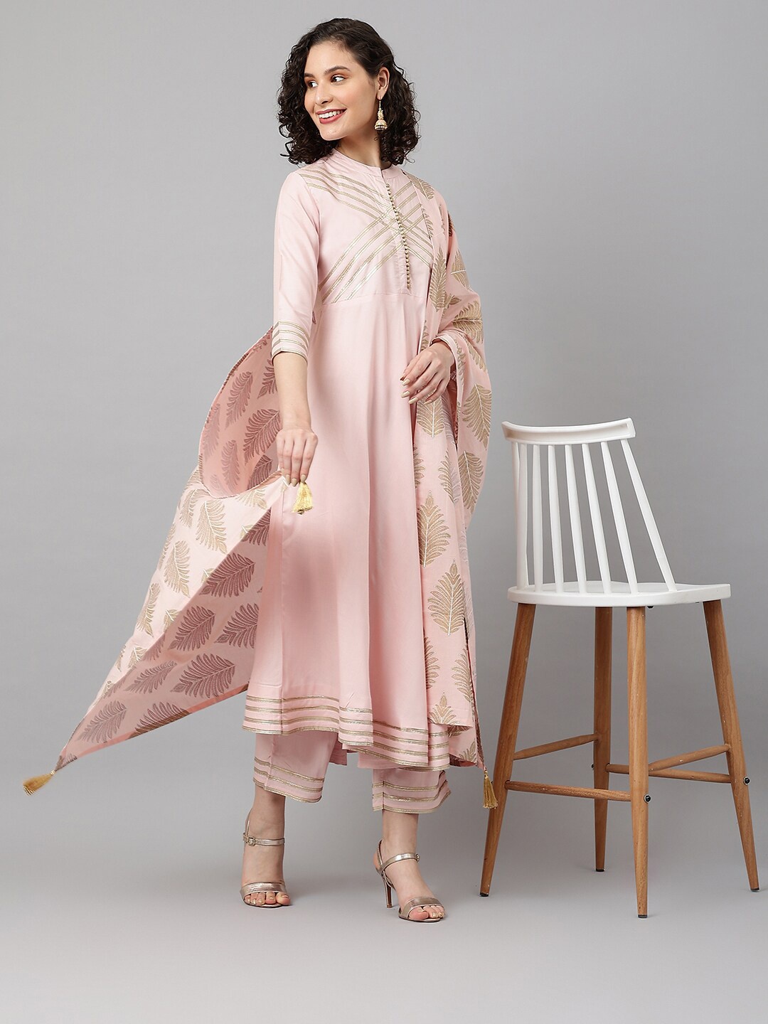 

Khushal K Band Collar Gotta Patti Anarkali Kurta With Palazzos & Dupatta, Pink