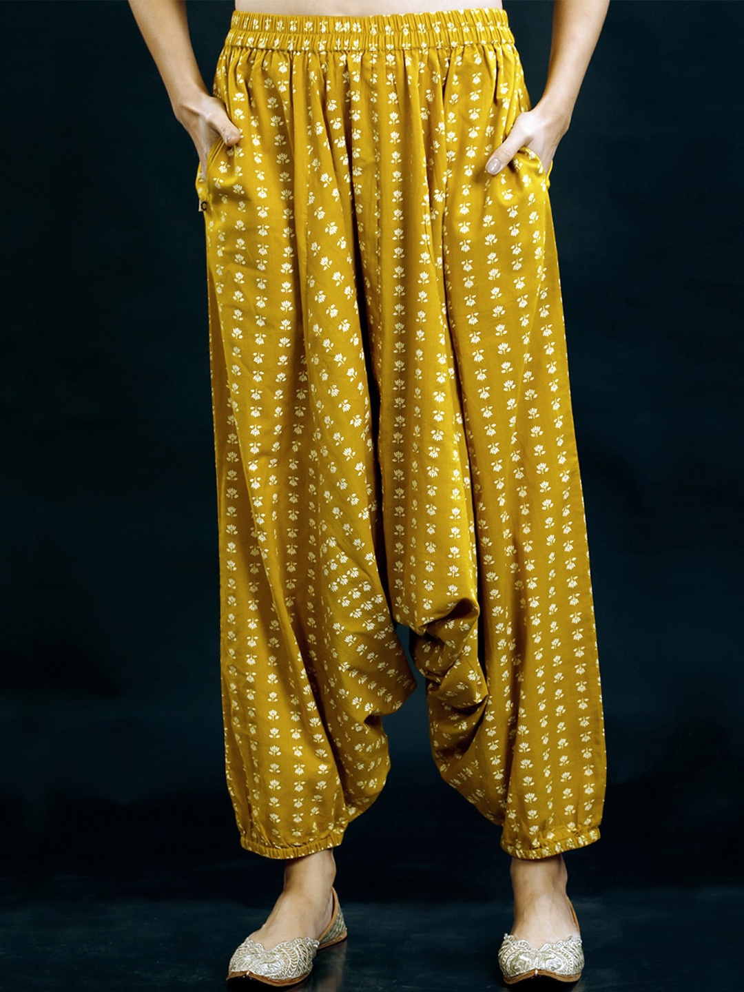 

FABNEST Women Floral Printed Relaxed Straight Leg Straight Fit Cotton Jodhpuris Trousers, Mustard