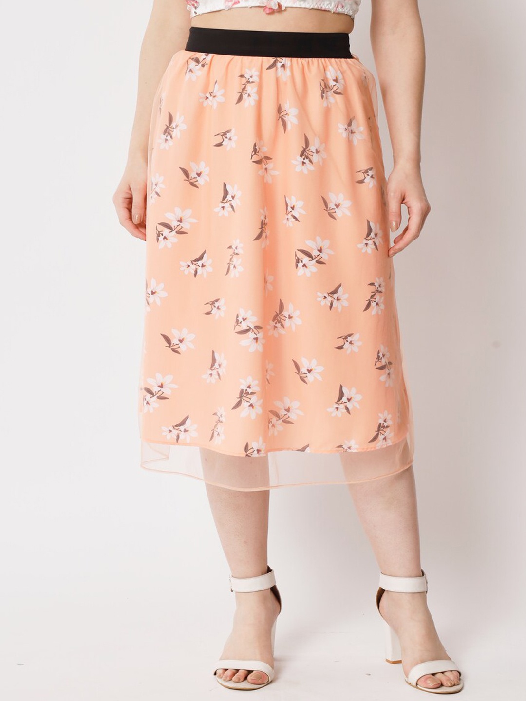 

Kannan Floral Printed Crepe Flared Midi A-Line Skirt, Orange