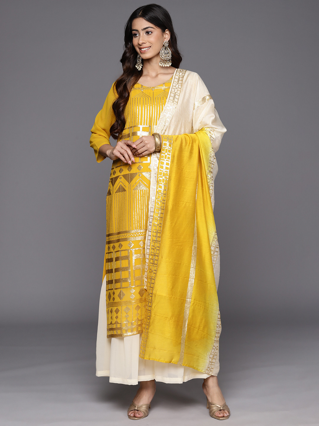 

Varanga Embroidered Regular Sequinned Silk Georgette Kurta With Sharara & Dupatta, Yellow