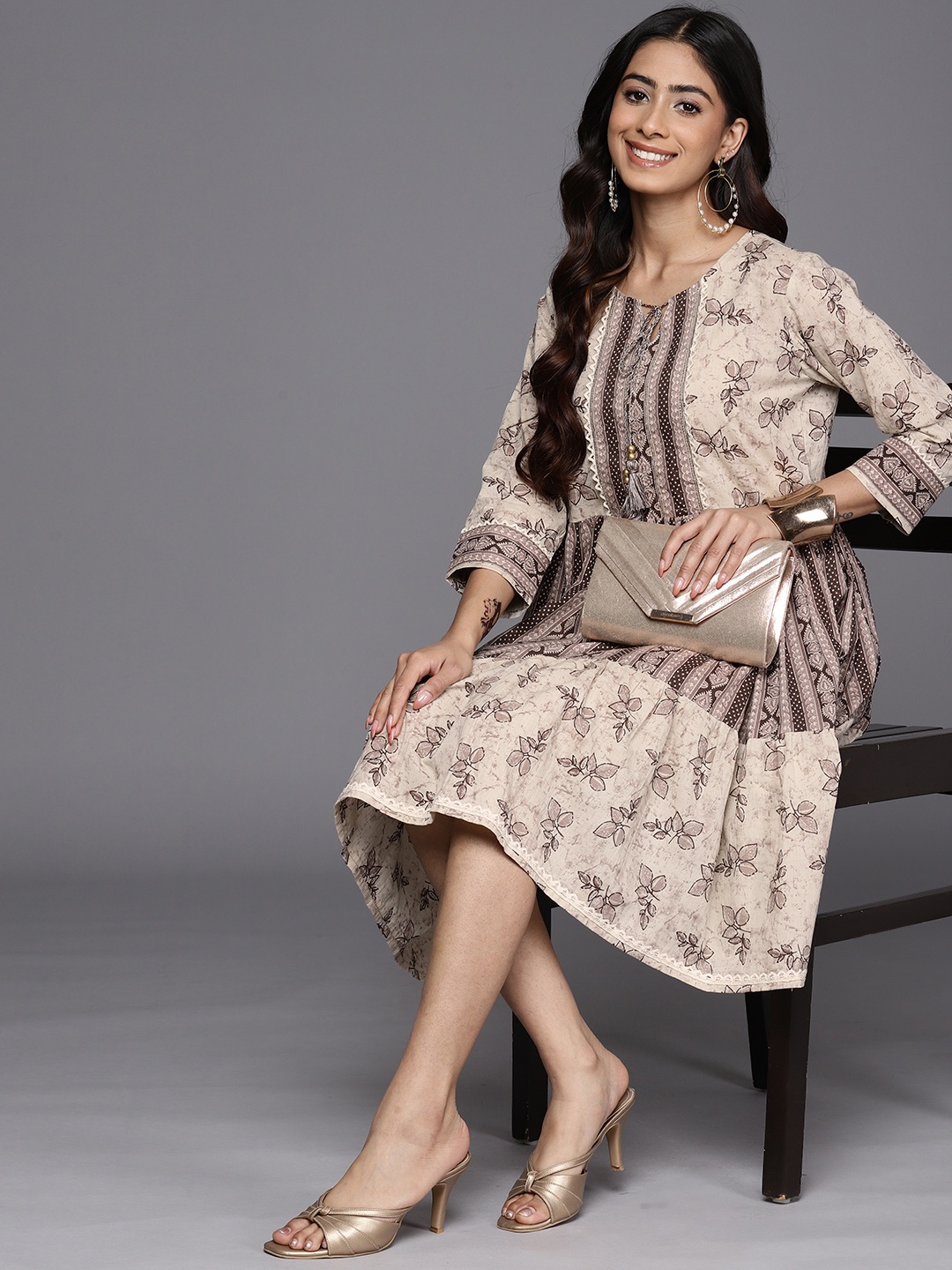 

Varanga Floral Print Tie-Up Neck Cotton A-Line Dress, Beige