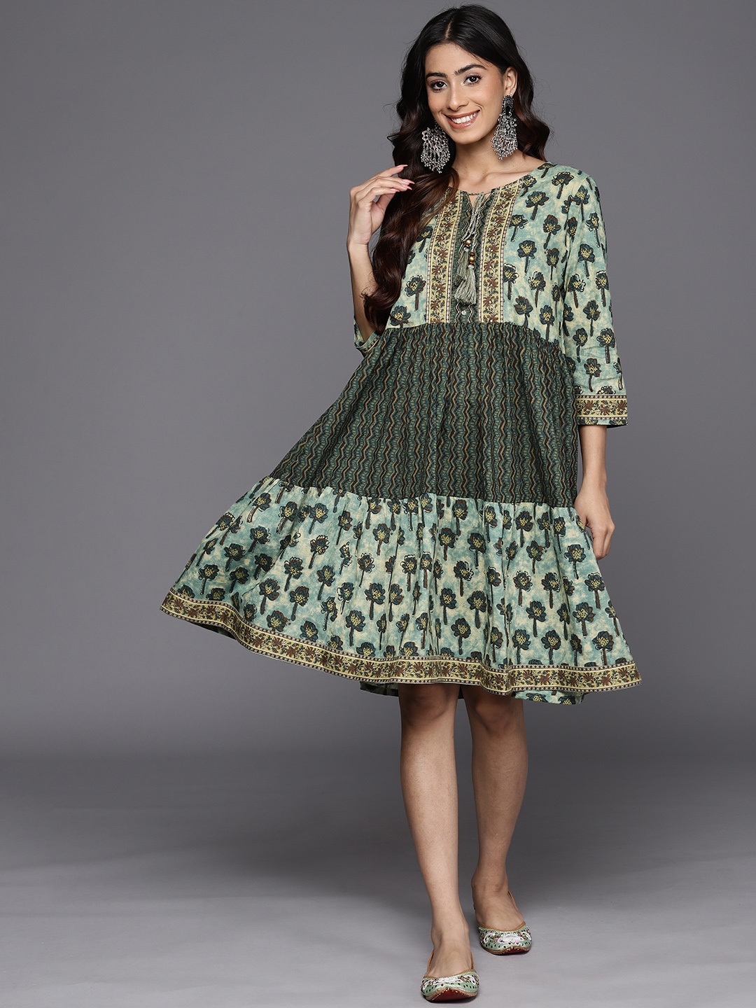 

Varanga Floral Print Cotton A-Line Dress, Green