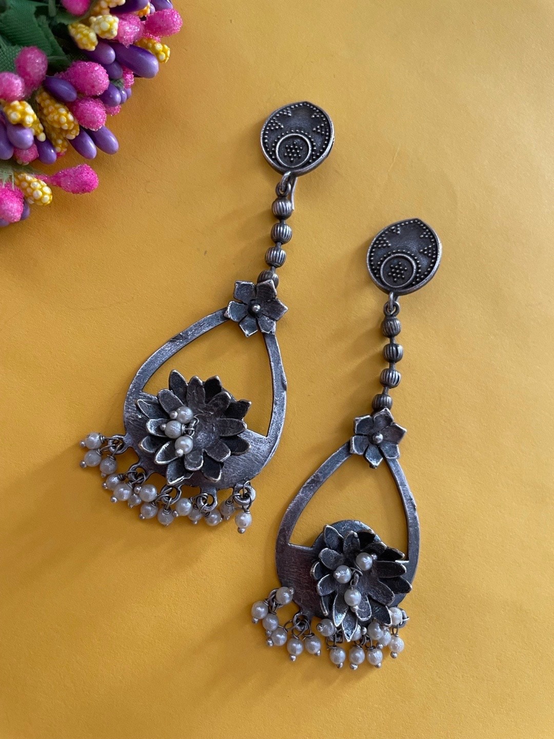 

Digital Dress Room Silver-Plated Beaded Oxidized Floral Drop Earrings, Off white