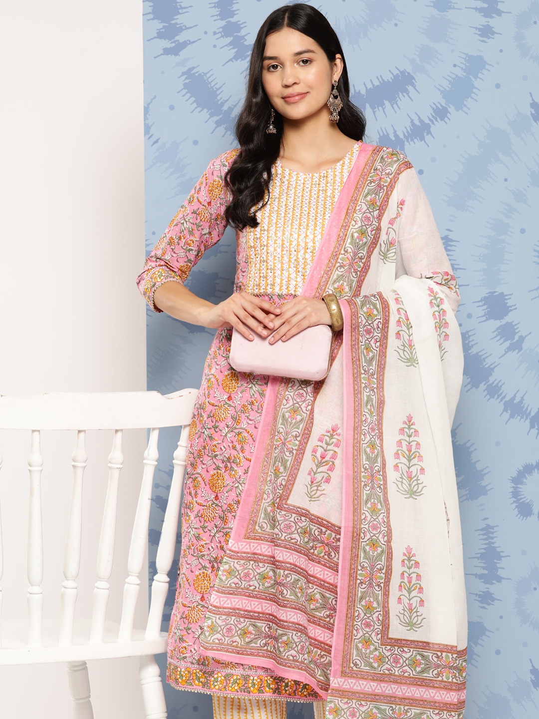 

Yufta Floral Embroidered Regular Gotta Patti Pure Cotton Kurta With Trousers & Dupatta, Pink