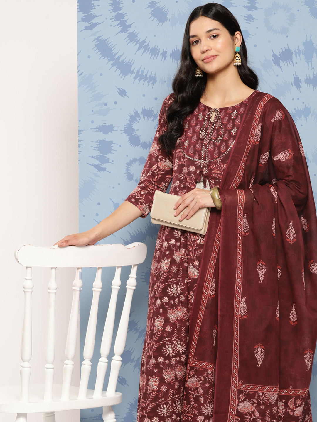 

Yufta Floral Printed Regular Aari Work Pure Cotton Kurta with Trousers & Dupatta, Maroon