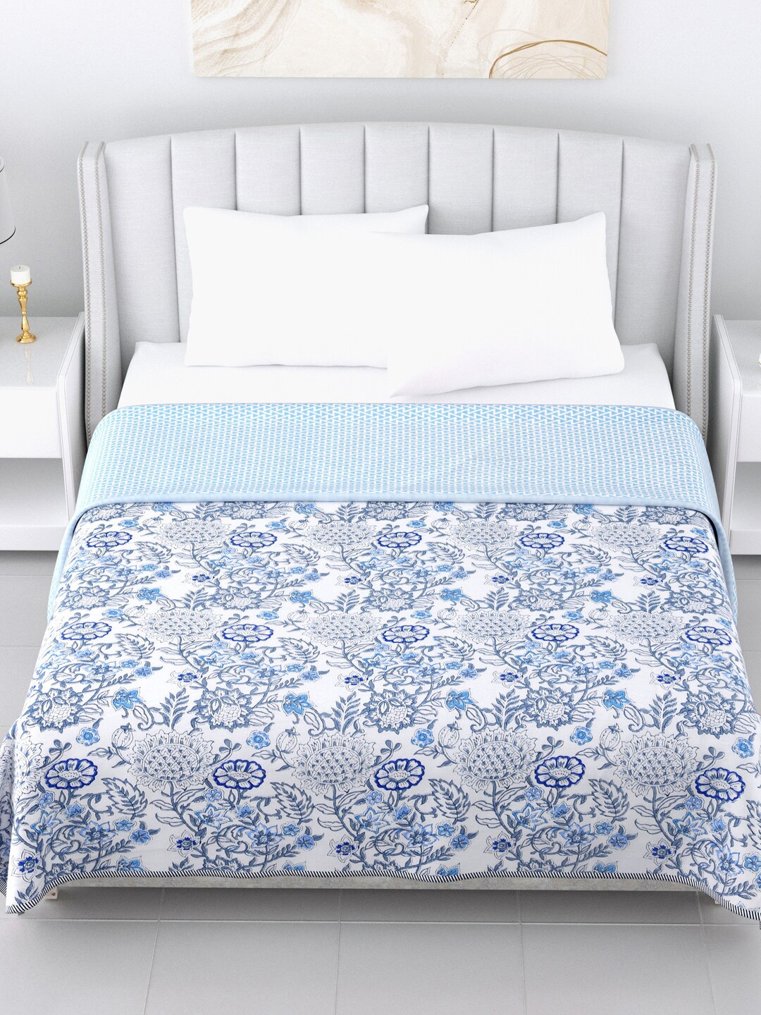 

LIVING ROOTS White & Grey Floral AC Room 210 GSM Double Bed Dohar