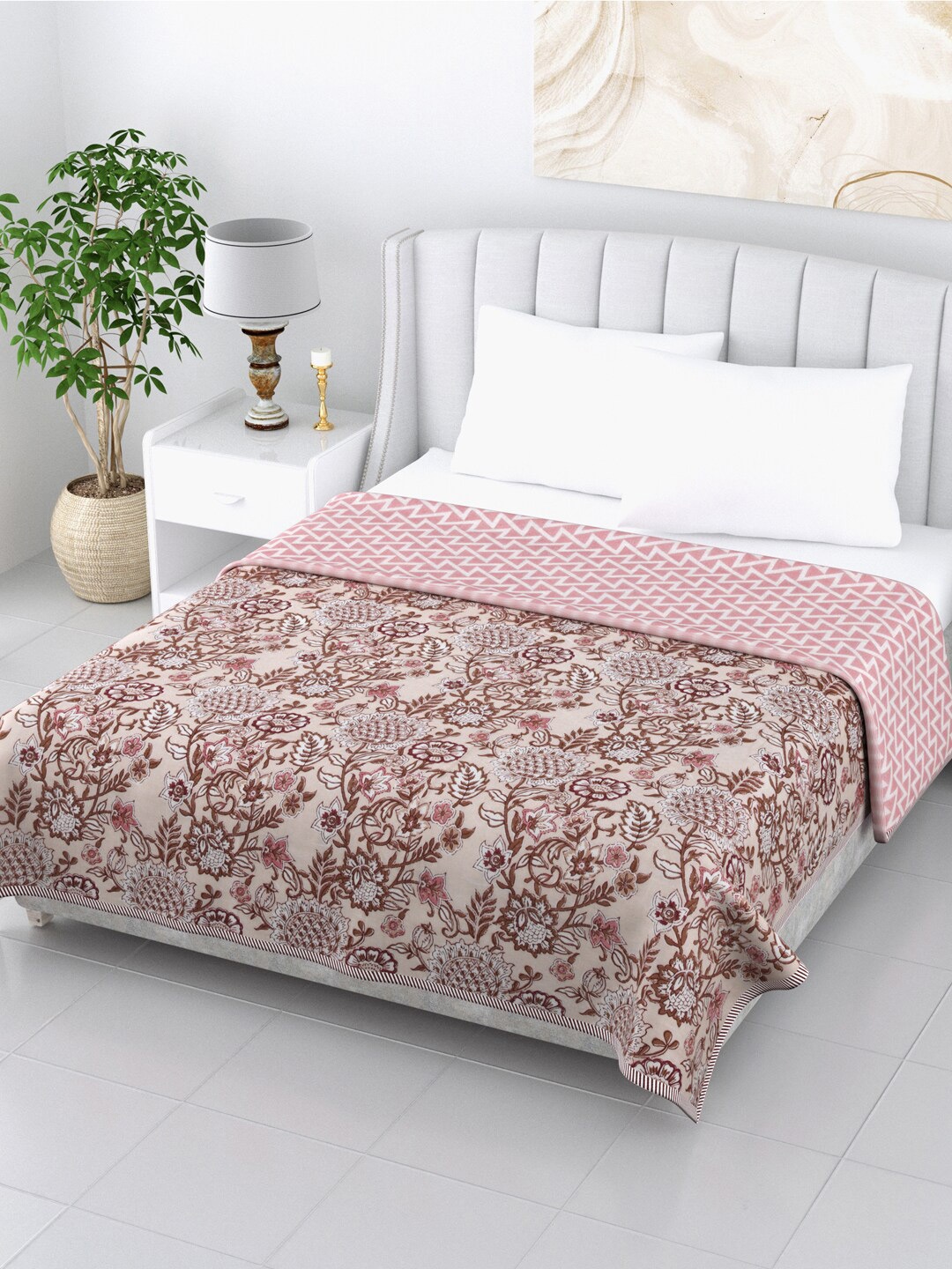 

LIVING ROOTS White & Pink Floral AC Room 210 GSM Double Bed Dohar