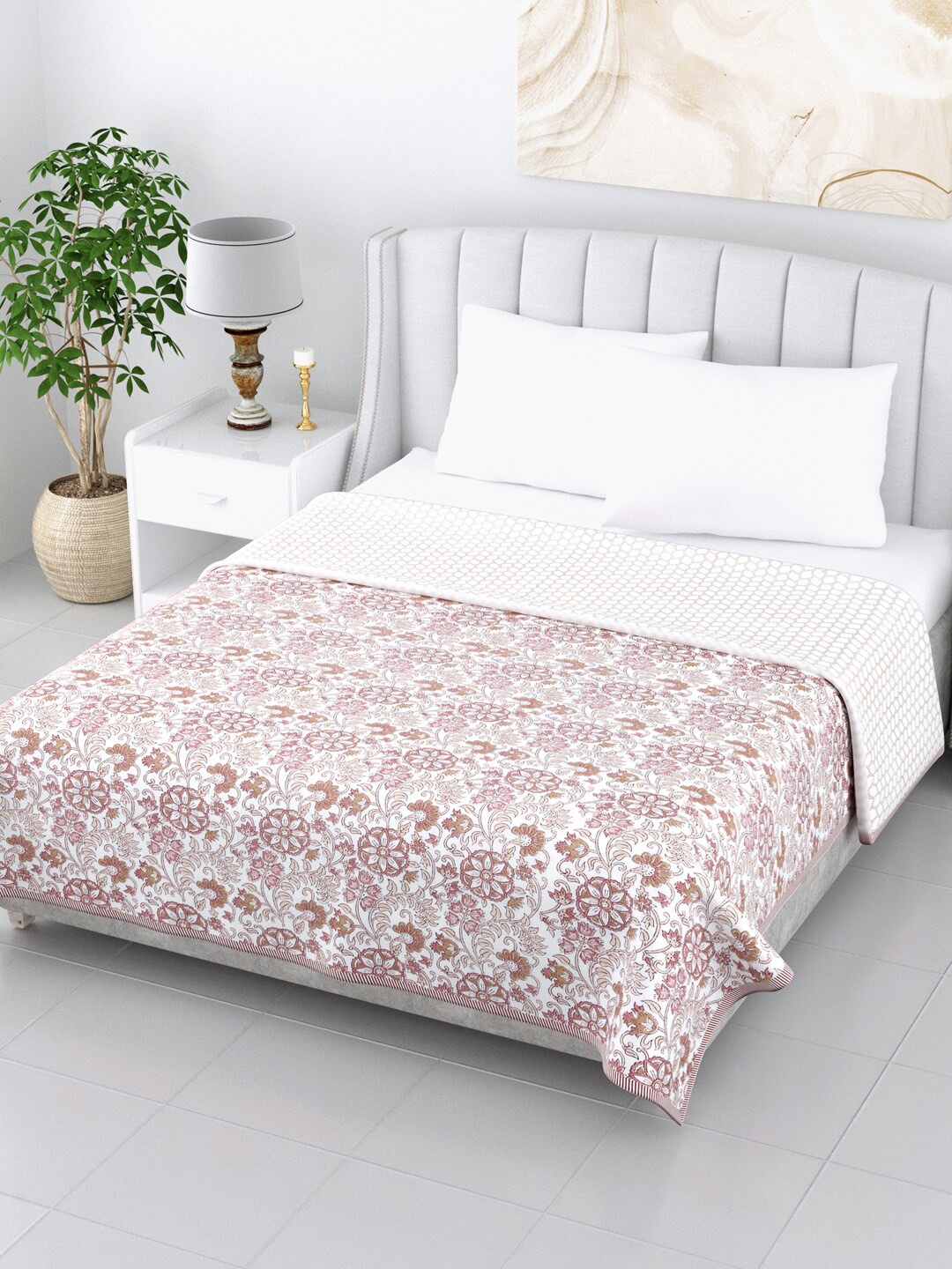 

LIVING ROOTS White & Brown Floral AC Room 210 GSM Double Bed Dohar