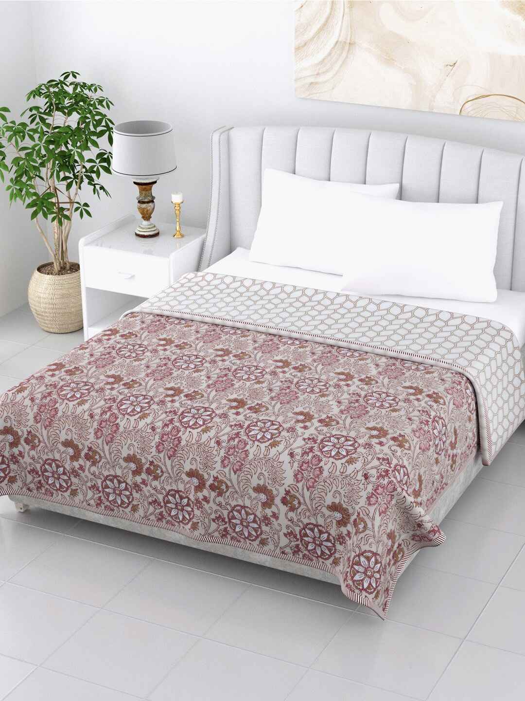 

LIVING ROOTS Cream-Coloured & Pink Floral AC Room 210 GSM Double Bed Dohar