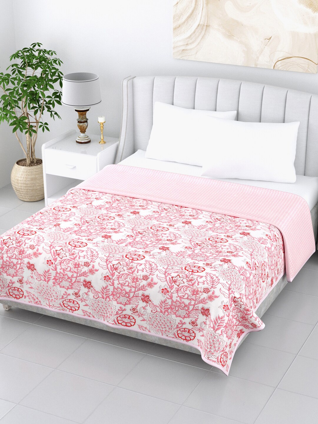 

LIVING ROOTS White & Pink Floral AC Room 210 GSM Double Bed Dohar