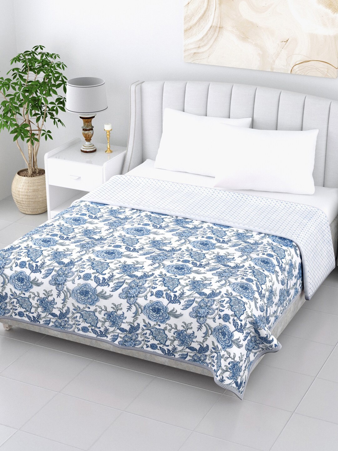 

LIVING ROOTS White & Blue Floral AC Room 210 GSM Double Bed Dohar