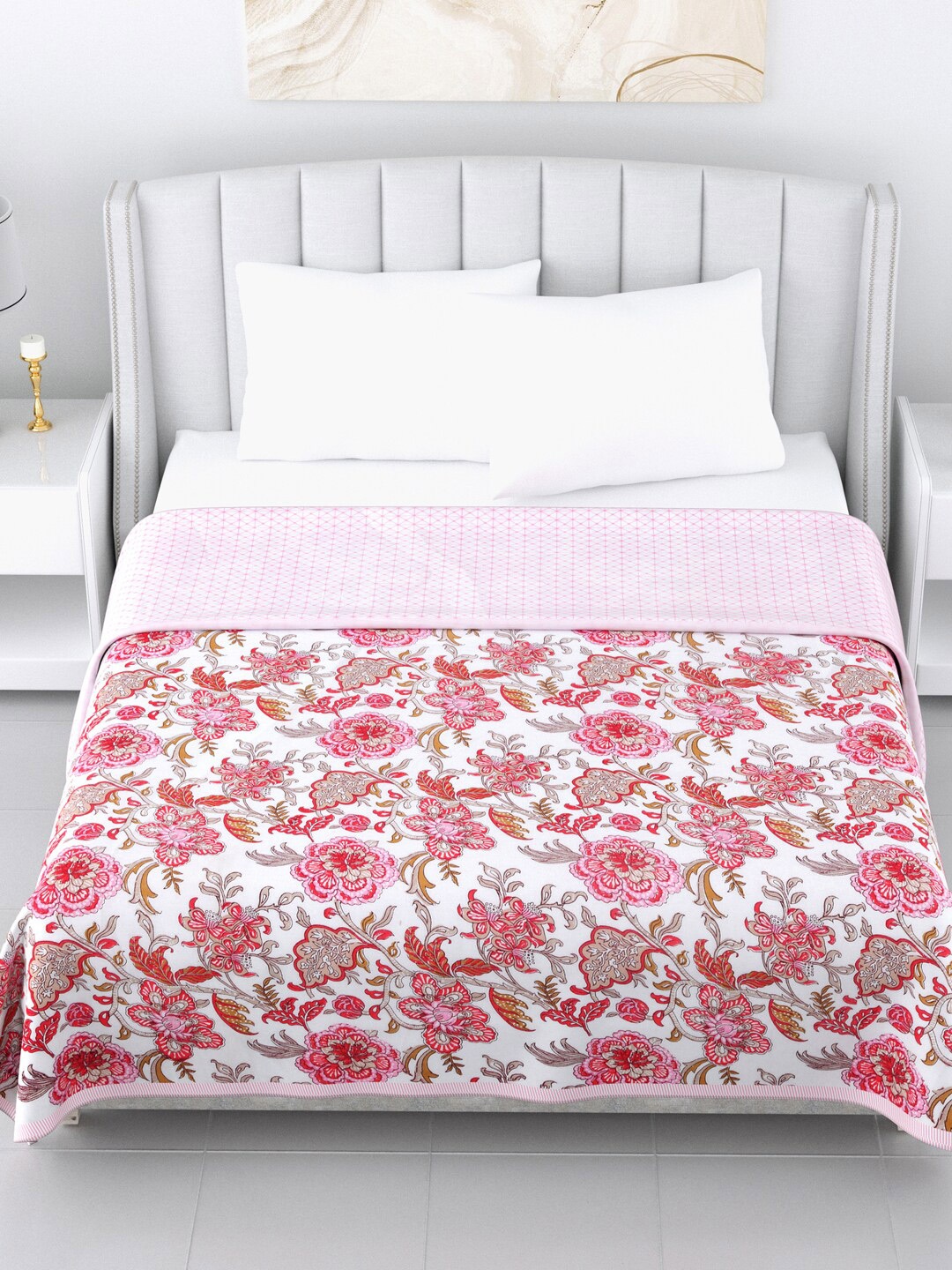 

LIVING ROOTS White & Pink Floral AC Room 210 GSM Double Bed Dohar