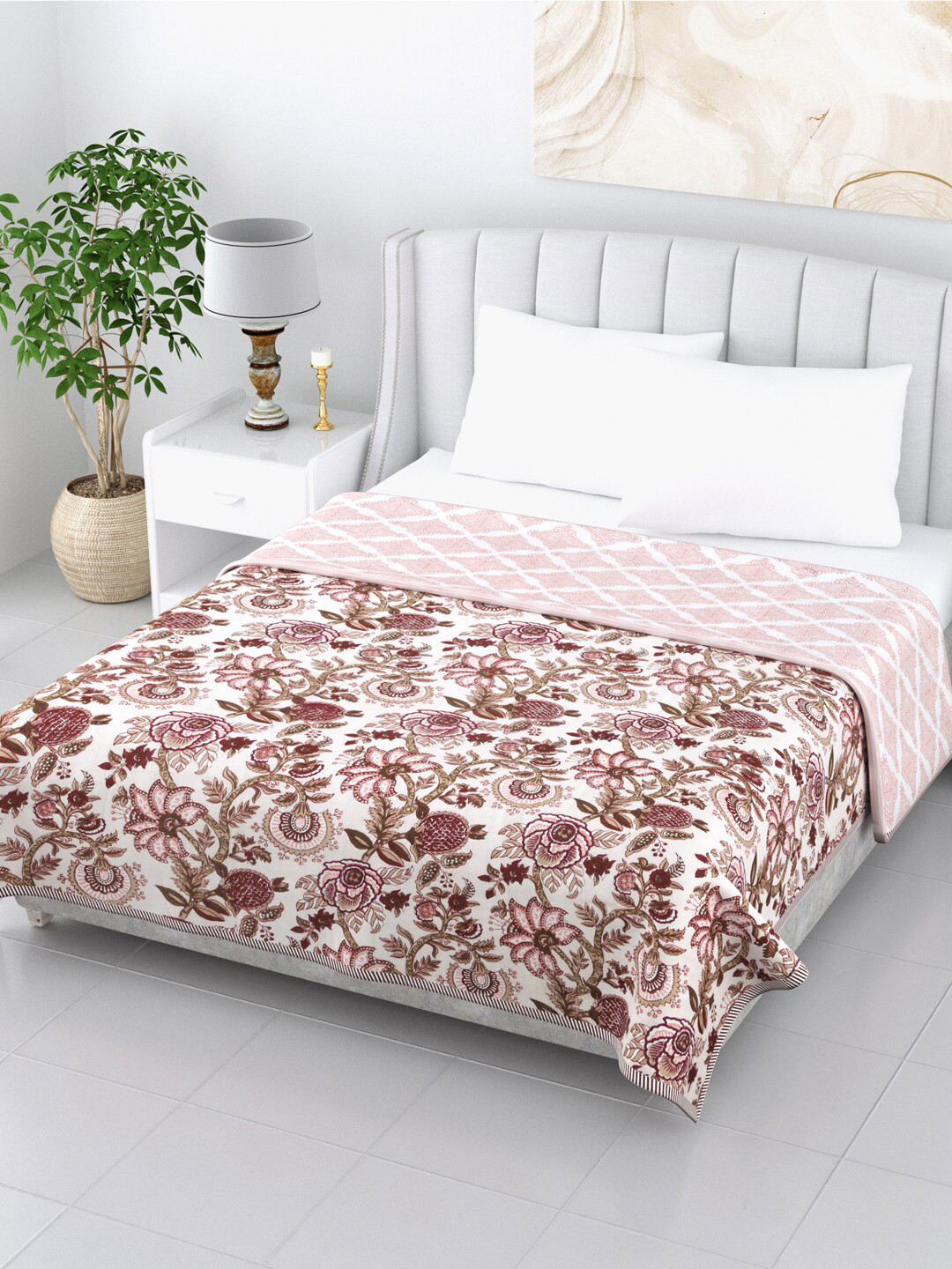 

LIVING ROOTS White & Pink Floral AC Room 210 GSM Double Bed Dohar