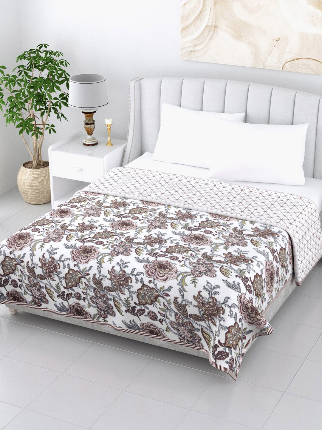 

LIVING ROOTS White & Brown Floral AC Room 210 GSM Double Bed Dohar
