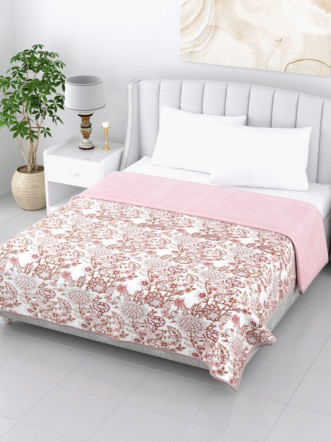 

LIVING ROOTS White & Pink Floral AC Room 210 GSM Double Bed Dohar