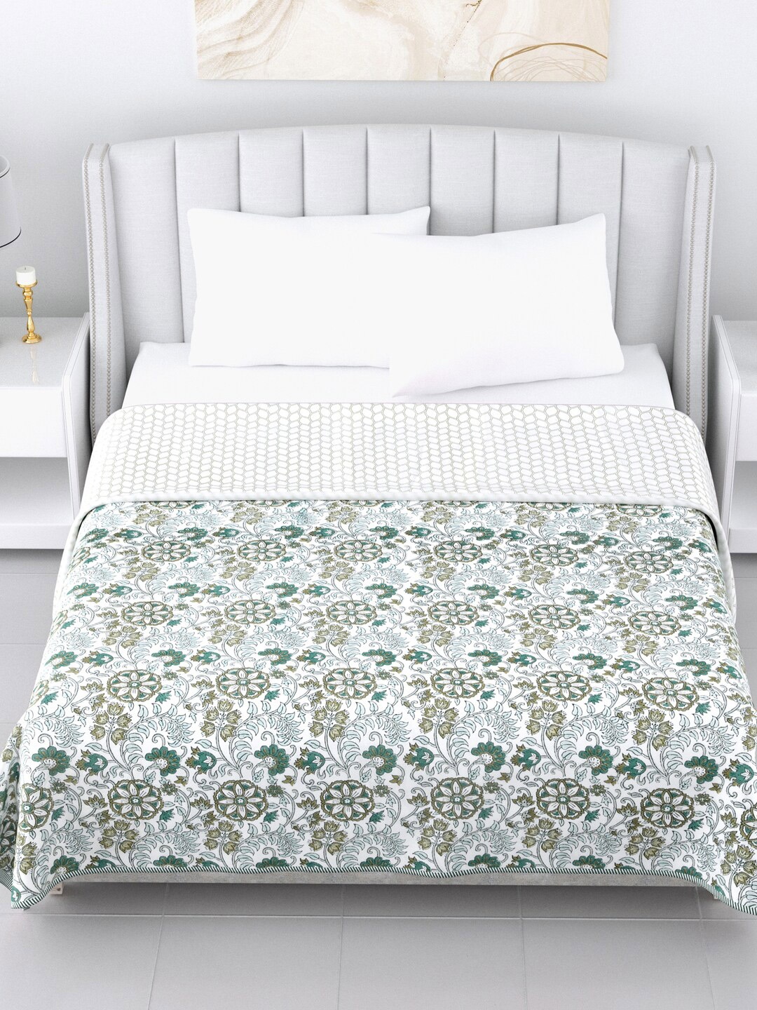 

LIVING ROOTS White & Green Floral AC Room 210 GSM Double Bed Dohar