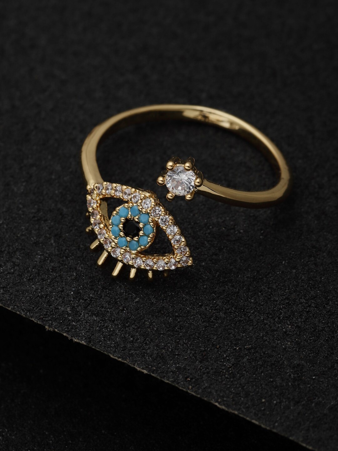 

VOGUE PANASH Gold-Plated AD Studded Evil Eye Adjustable Finger Ring, Green