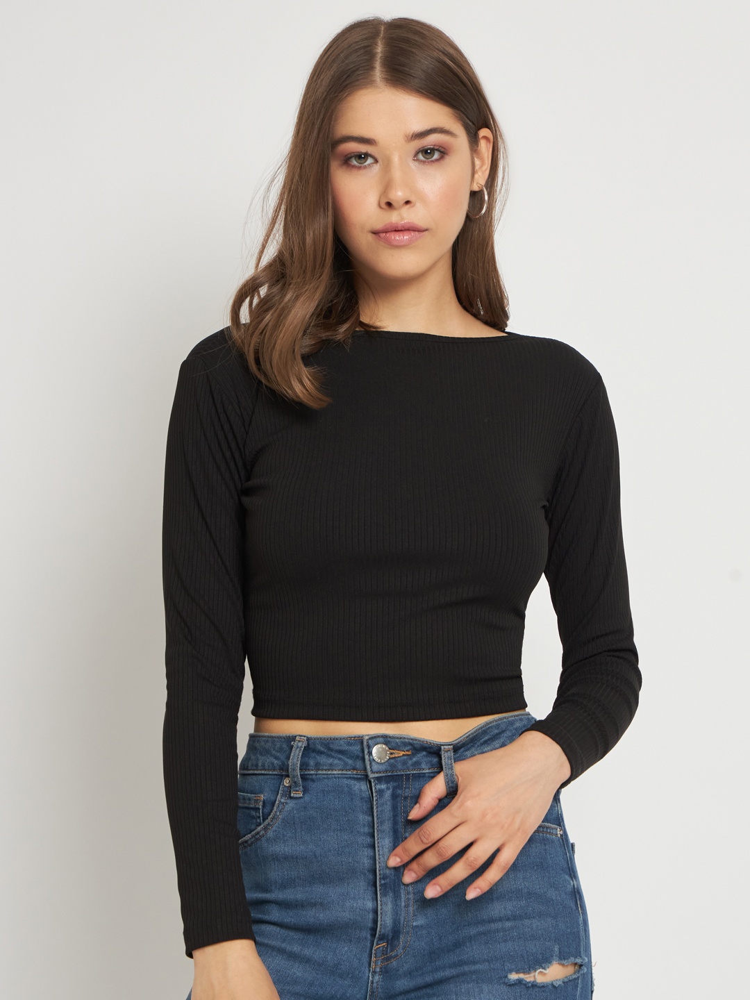 

ANVI Be Yourself Cotton Boat Neck Long Sleeves Crop Top, Black