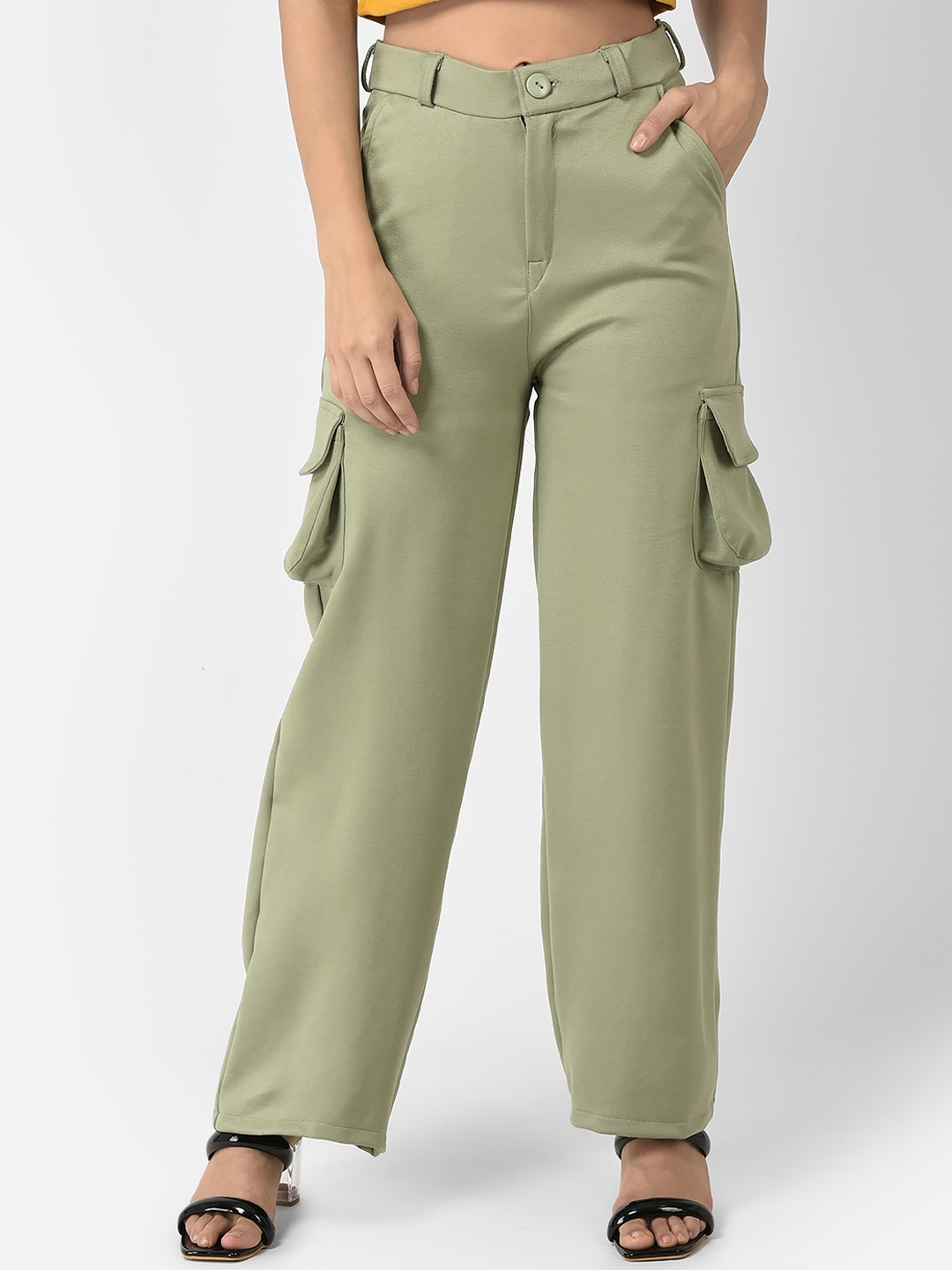 

FNOCKS Women Lime Green Comfort Wide Leg Cargos