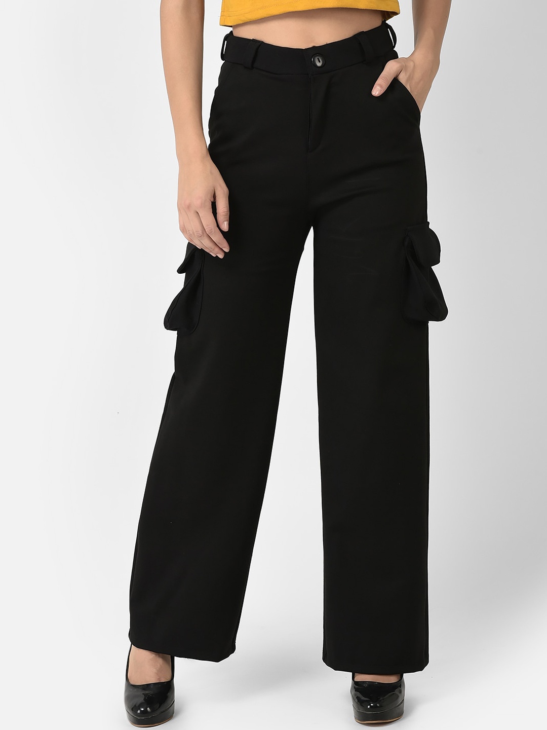 

FNOCKS Women Black Comfort Wide Leg Cargos