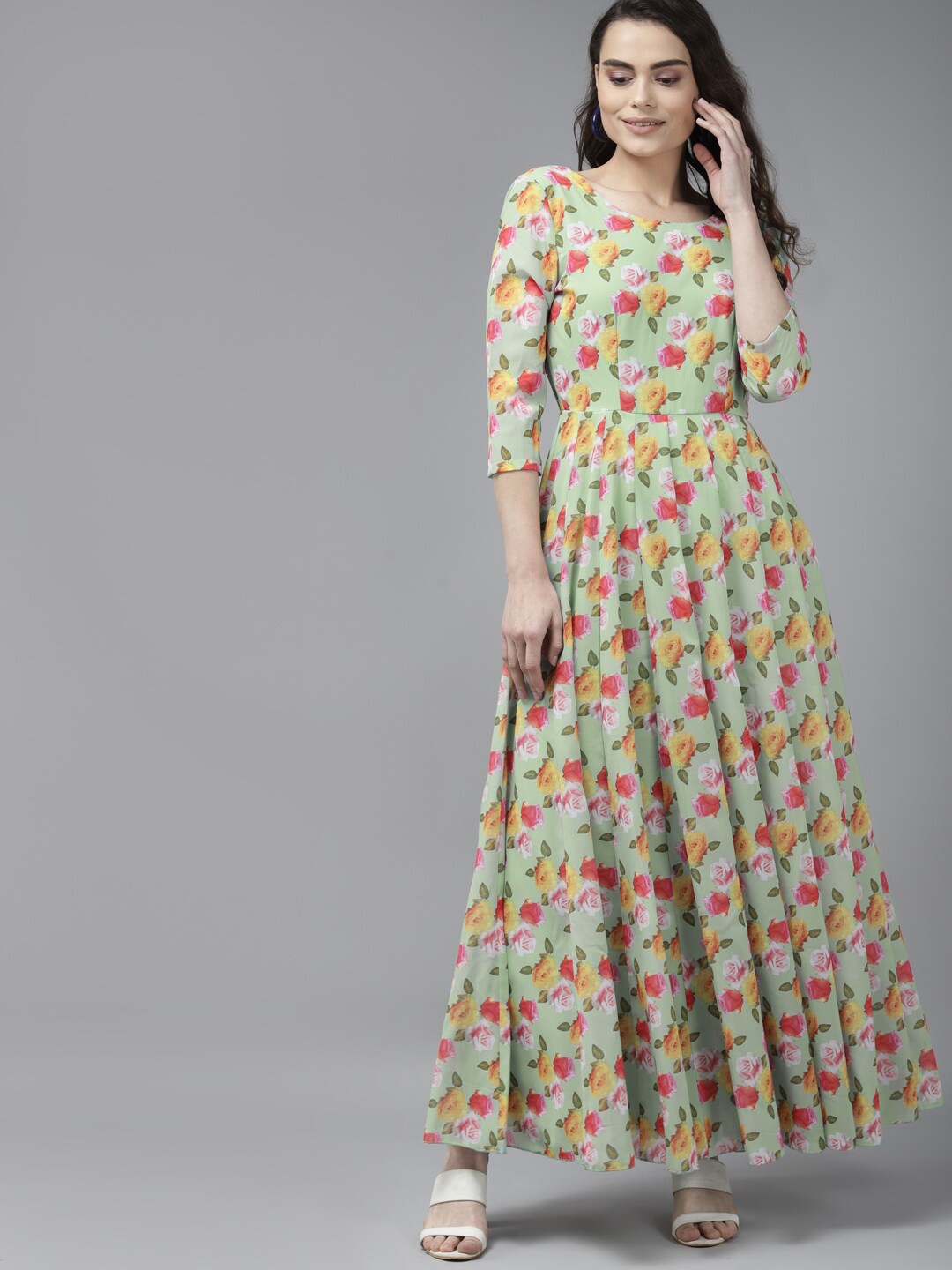 

PANIT Floral Printed Pleated Georgette Maxi Ethnic Dresses, Green