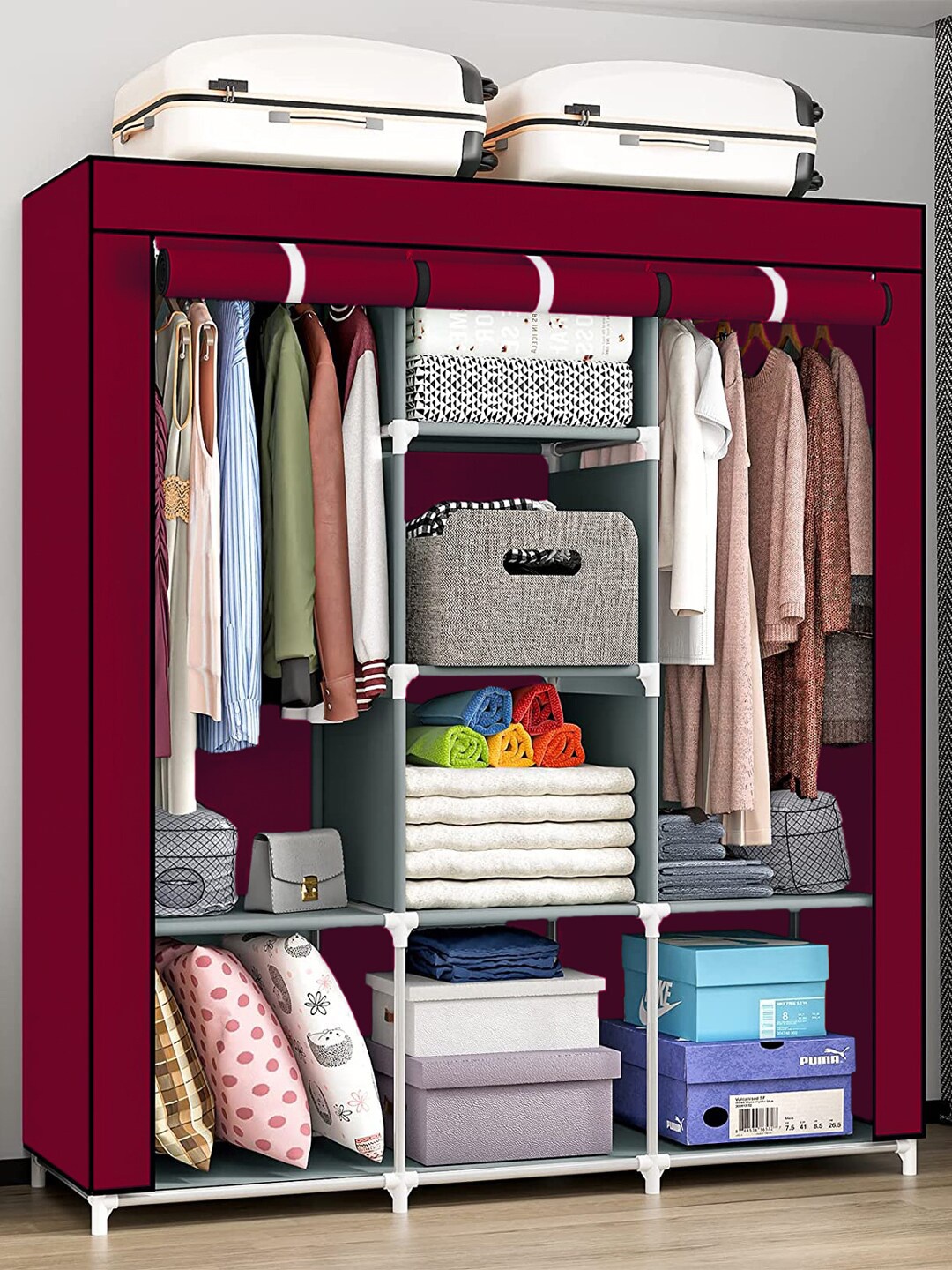 

Kuber Industries Maroon & White Non Woven 3 Doors & 8 Shelves Foldable & Portable Clothes Rack