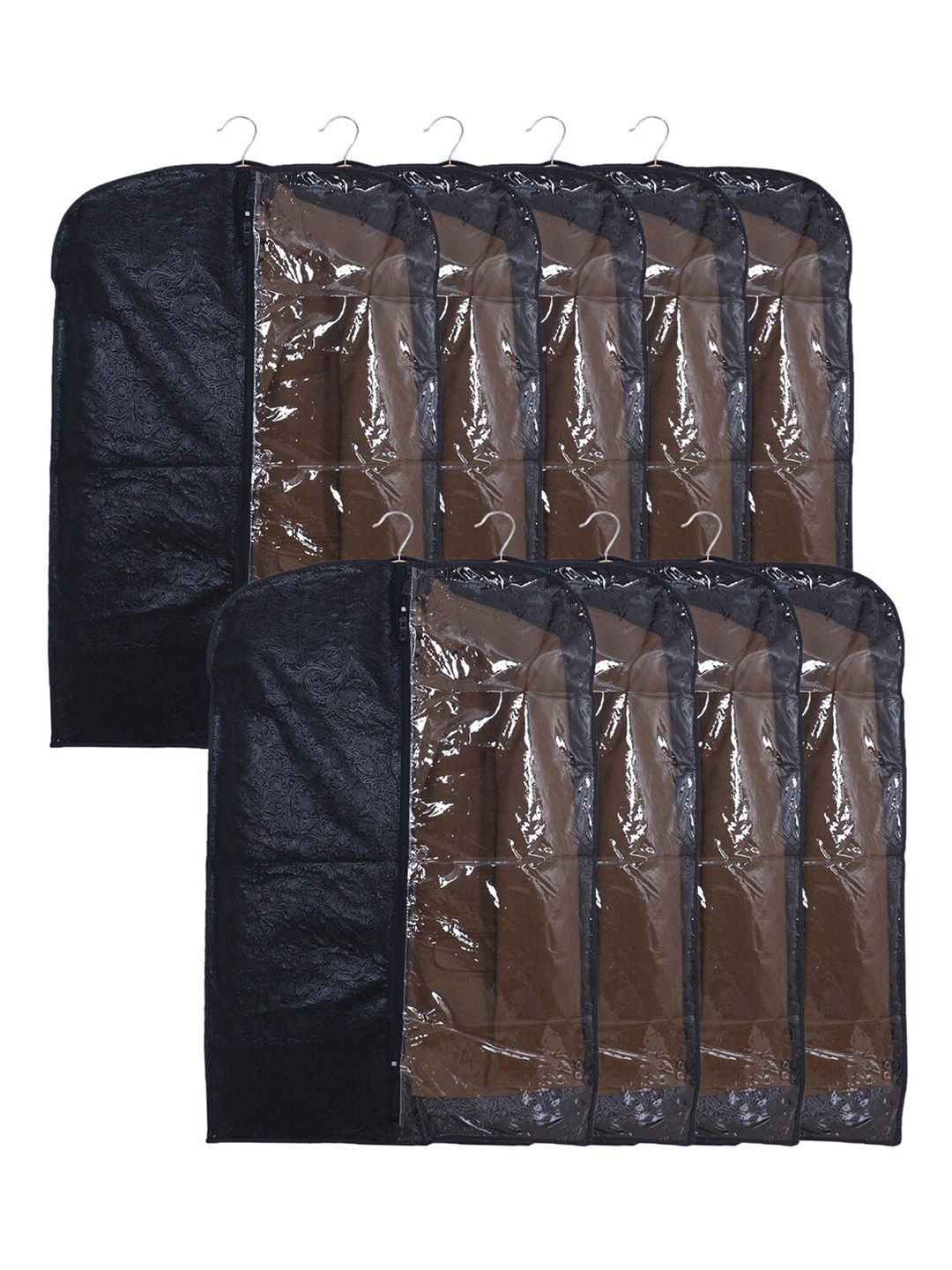 

Kuber Industries Black & Transparent 9 Pcs Embossed Self Design Foldable Coat Covers