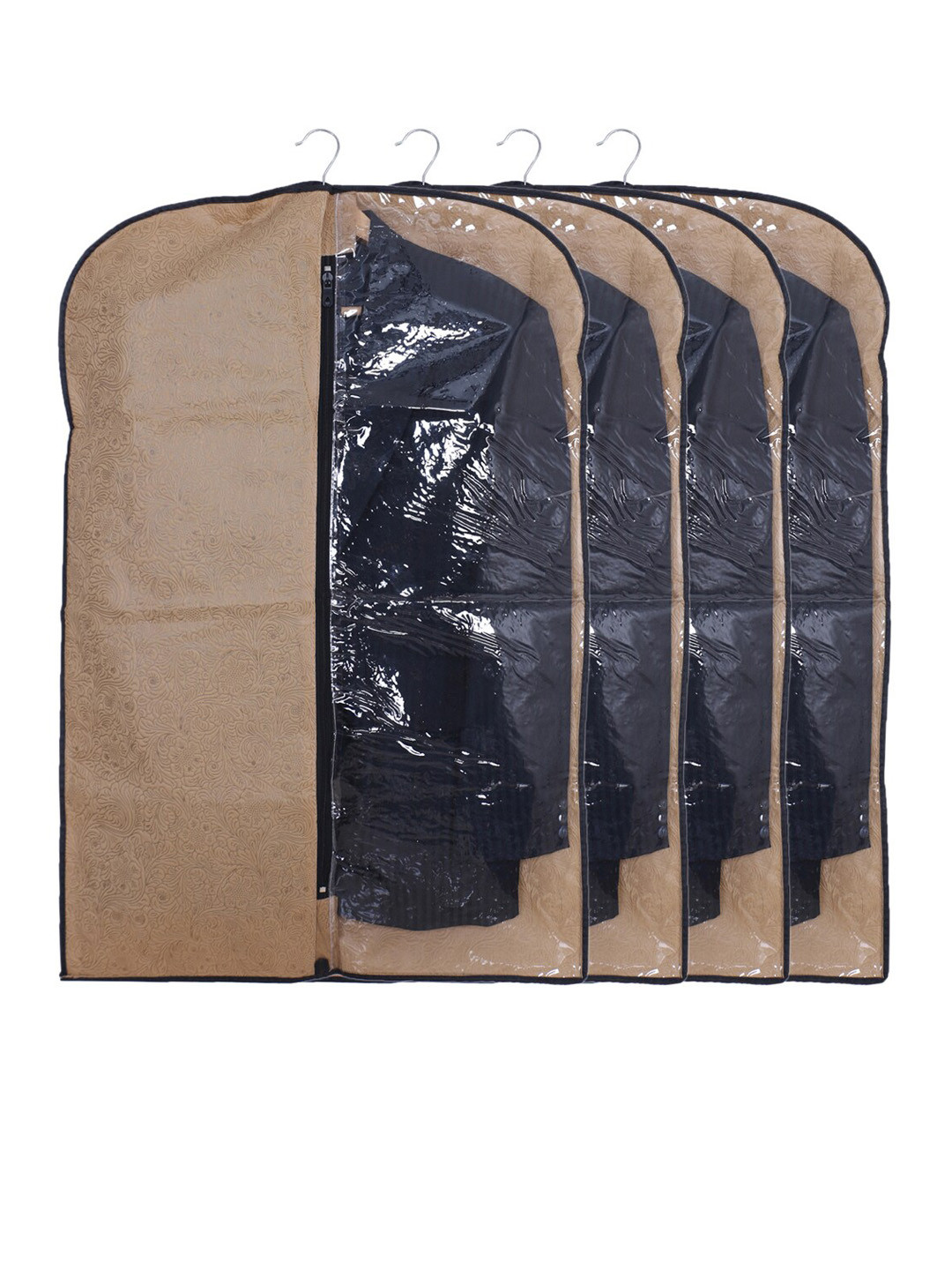 

Kuber Industries Coffee Brown & Transparent 4 Pcs Self Design Foldable Coat Covers