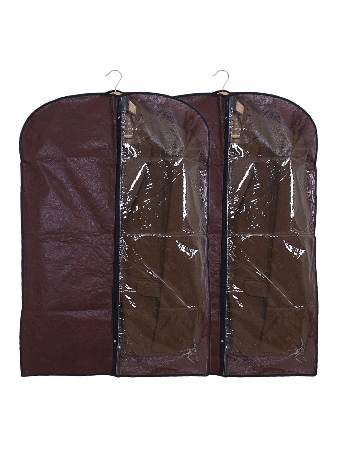 

Kuber Industries Brown & Transparent 2 Pcs Embossed Self Design Foldable Coat Covers