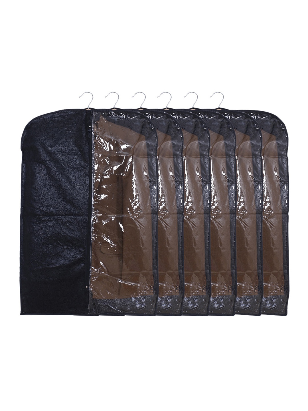 

Kuber Industries Black & Transparent 6 Pcs Embossed Self Design Foldable Coat Covers