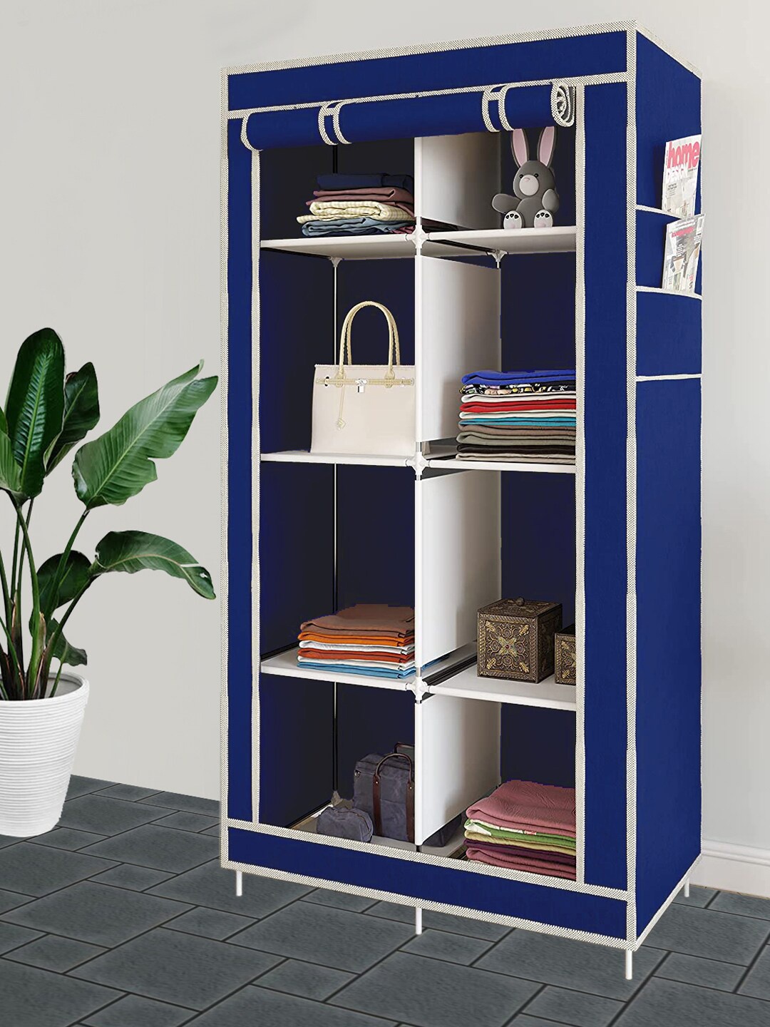 

Kuber Industries Navy Blue & White Non Woven 2 Doors & 8 Shelves Foldable & Portable Clothes Rack
