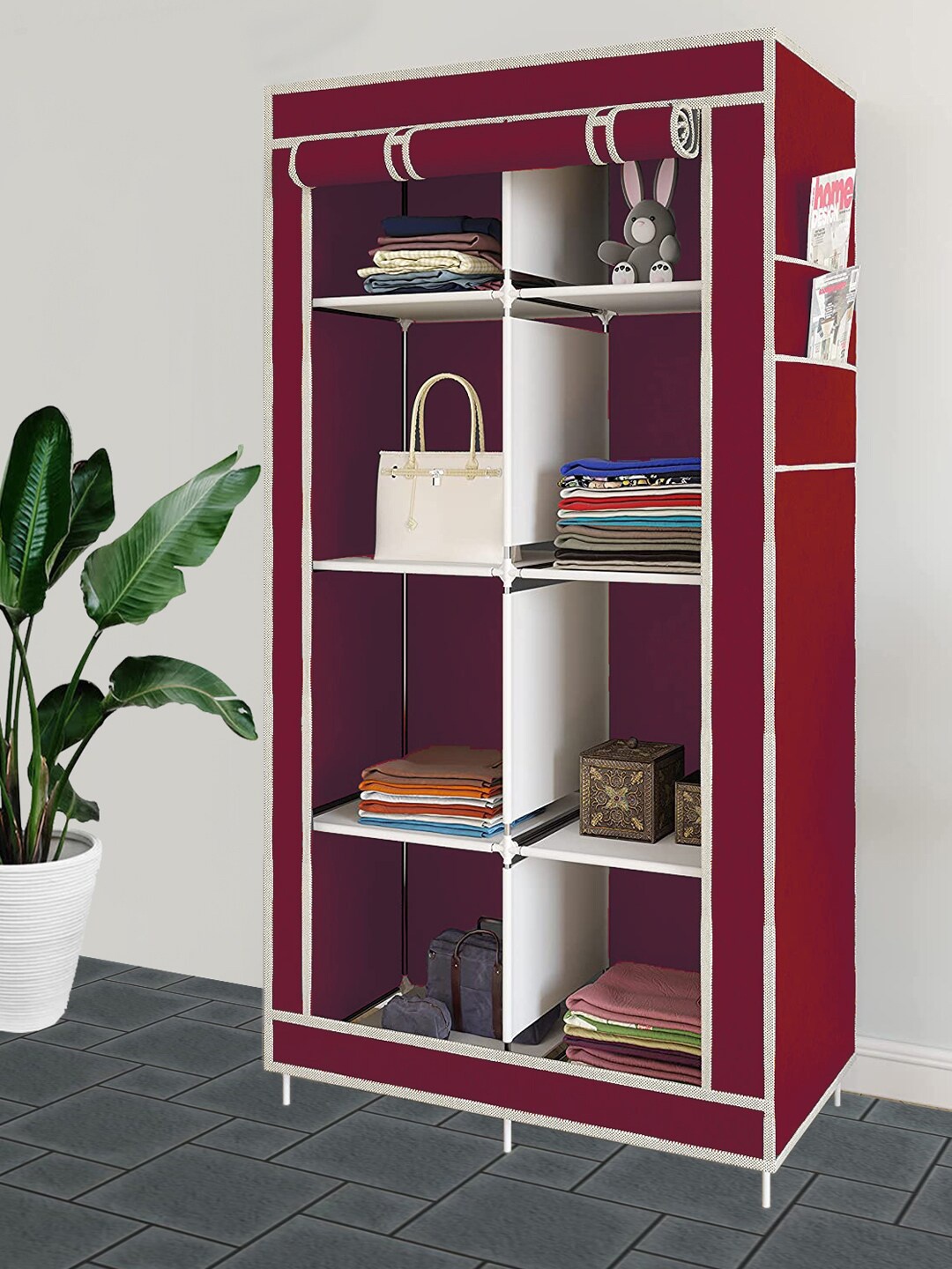 

Kuber Industries Maroon & White Non Woven 2 Doors & 8 Shelves Foldable & Portable Clothes Rack
