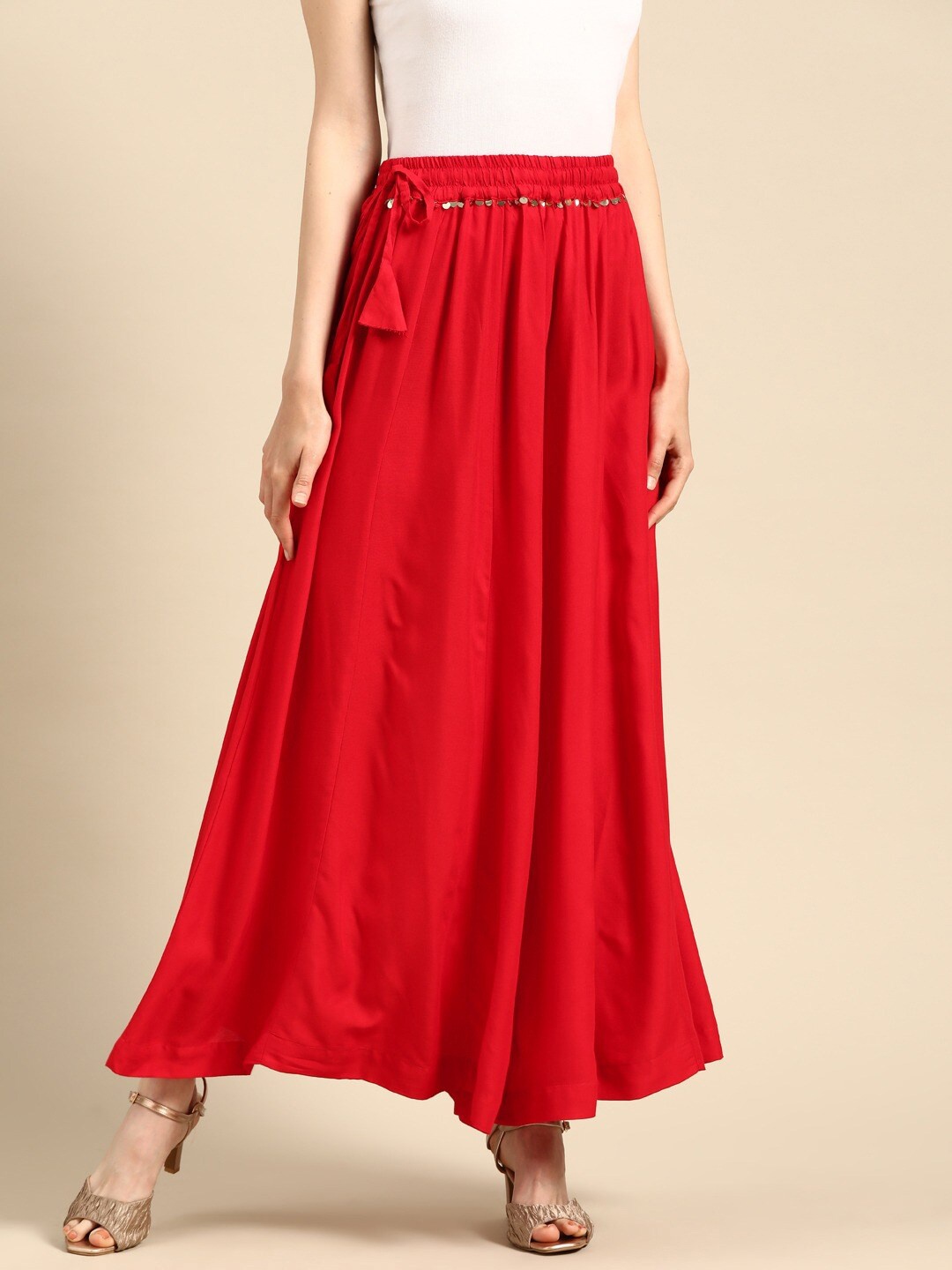

TAG 7 Women Flared Elasticated Ethnic Palazzos, Red
