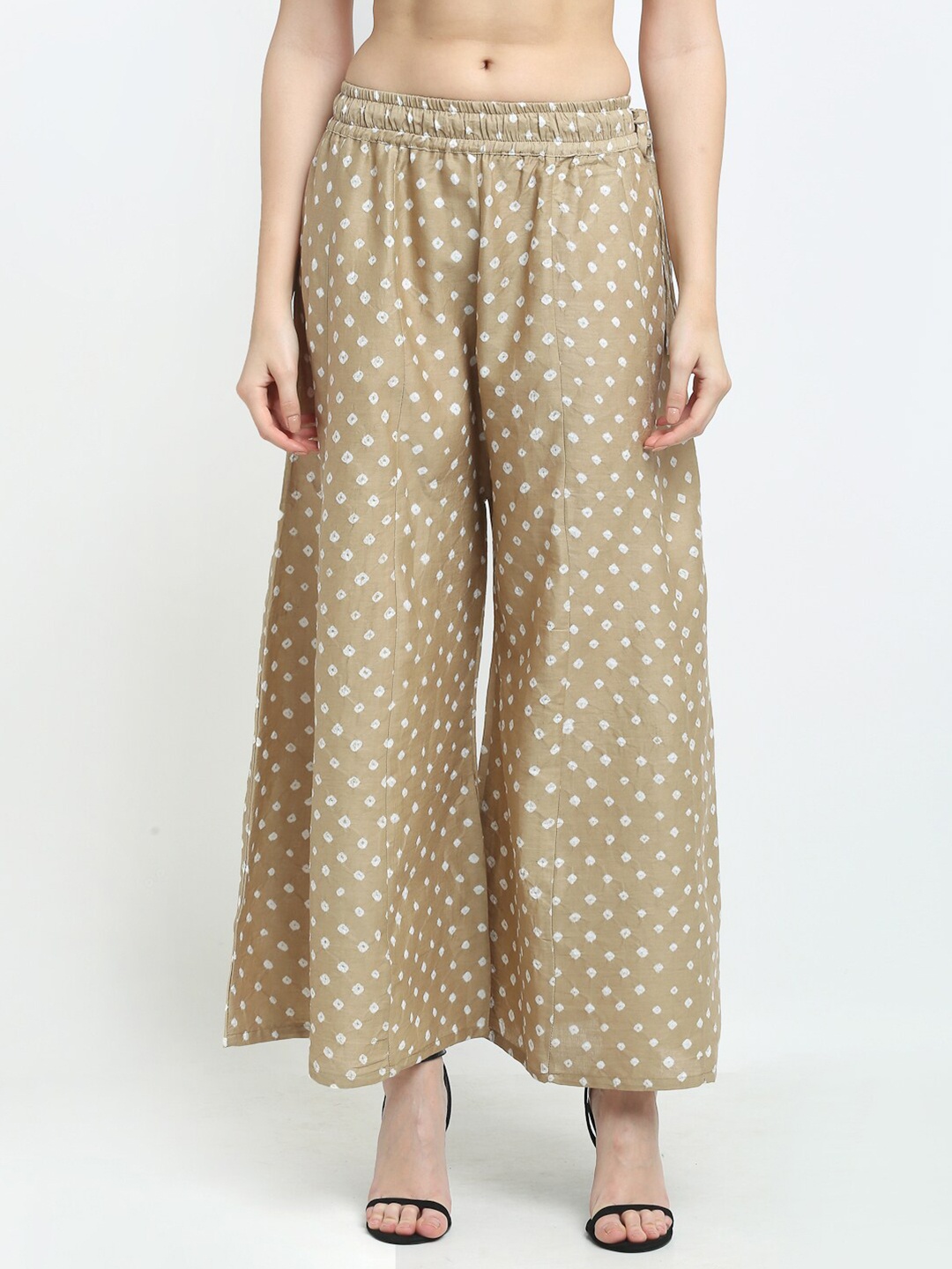 

TAG 7 Women Ethnic Motifs Printed Elasticated Flared Slip-On Palazzos, Beige