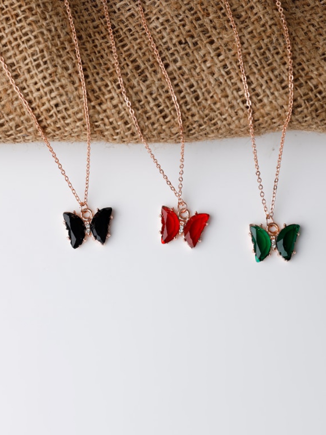 

Kord Store Set of 3 Rose Gold-Plated CZ Studded Butterfly-Charm Pendant With Chain, Red