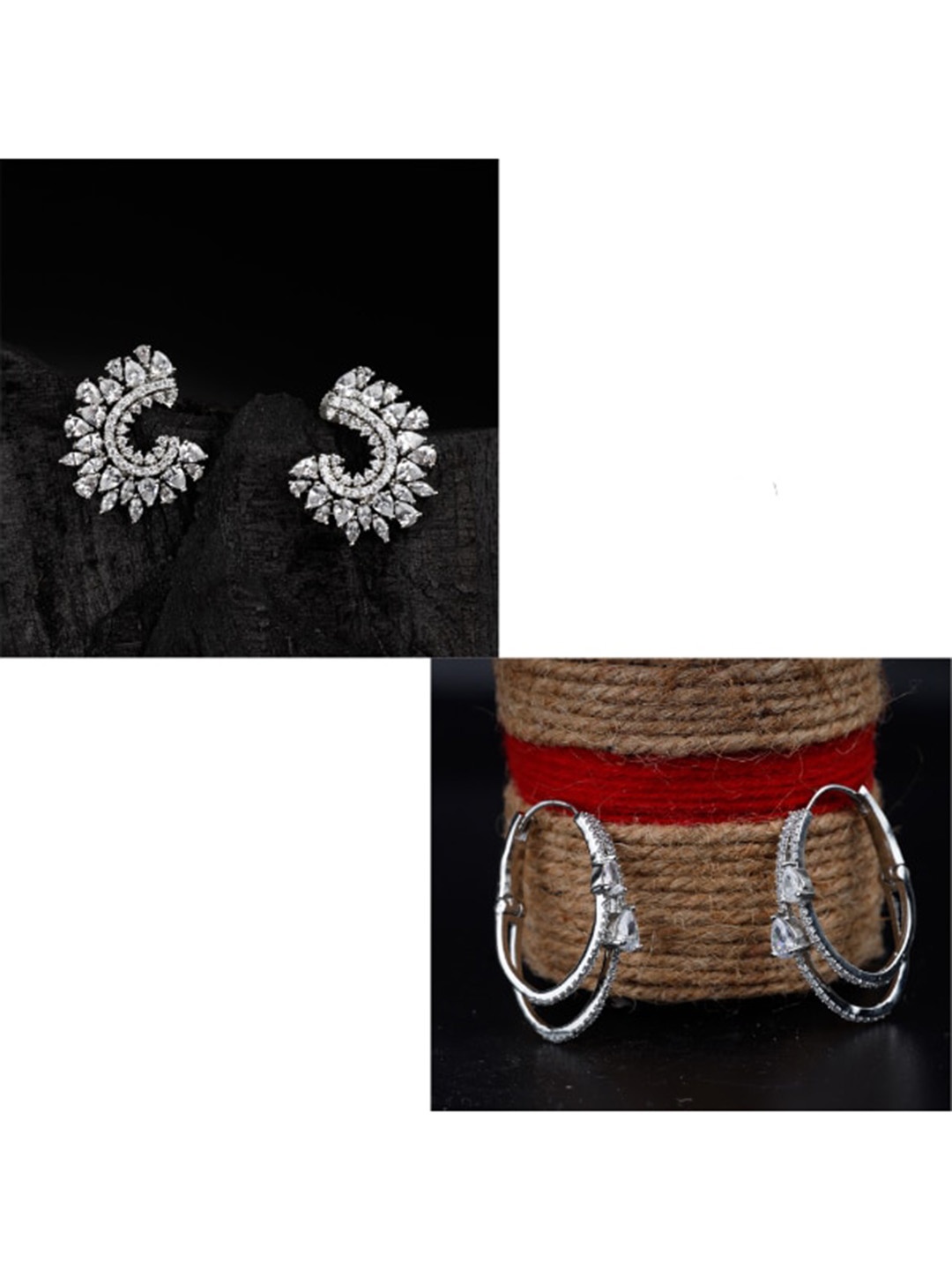 

Kord Store Set Of 2 Rhodium-Plated AD-Studded Geometric Studs & Hoop Earrings, White