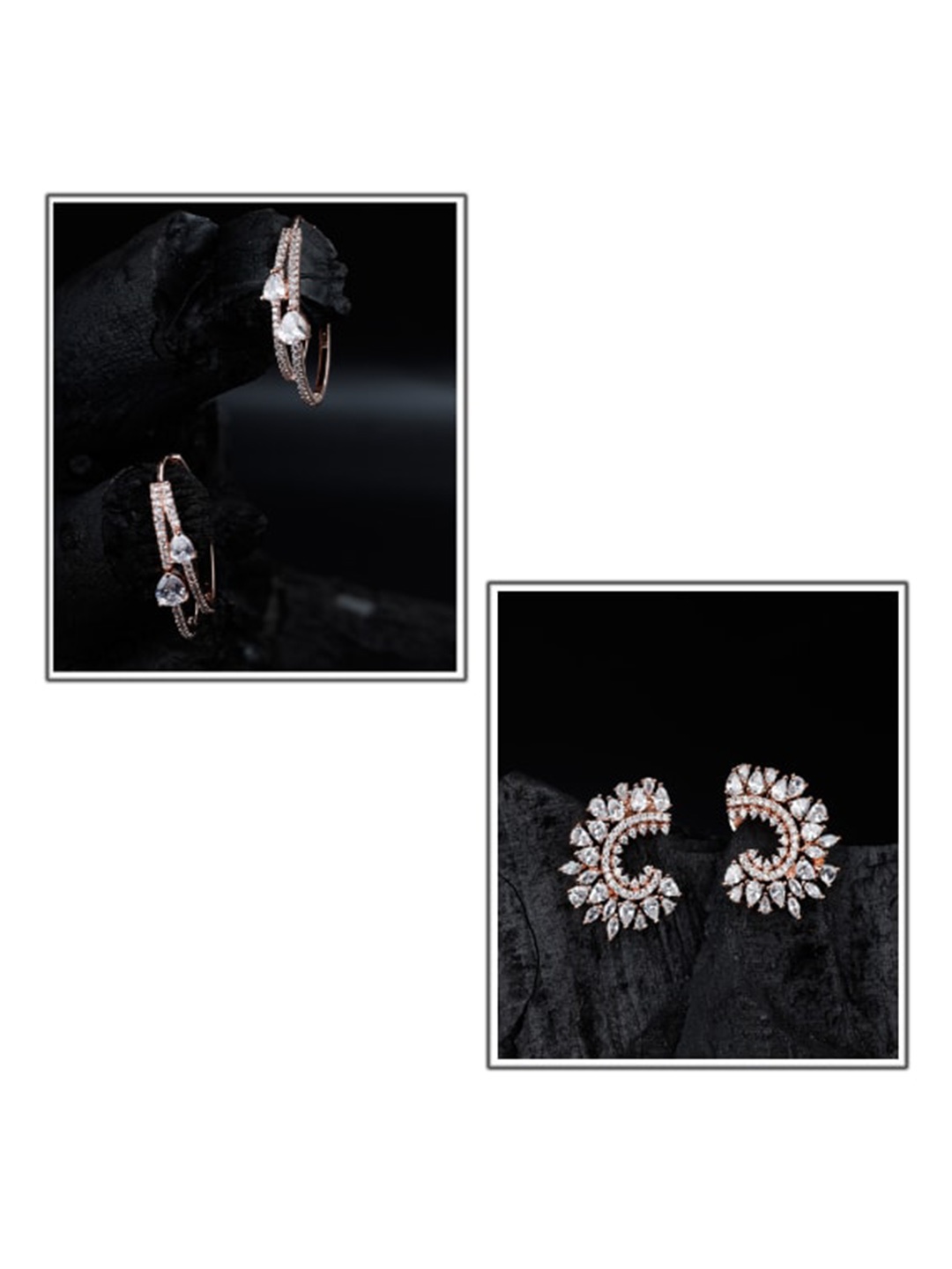 

Kord Store Set Of 2 Rose Gold-Plated AD-Studded Geometric Studs & Hoop Earrings, White