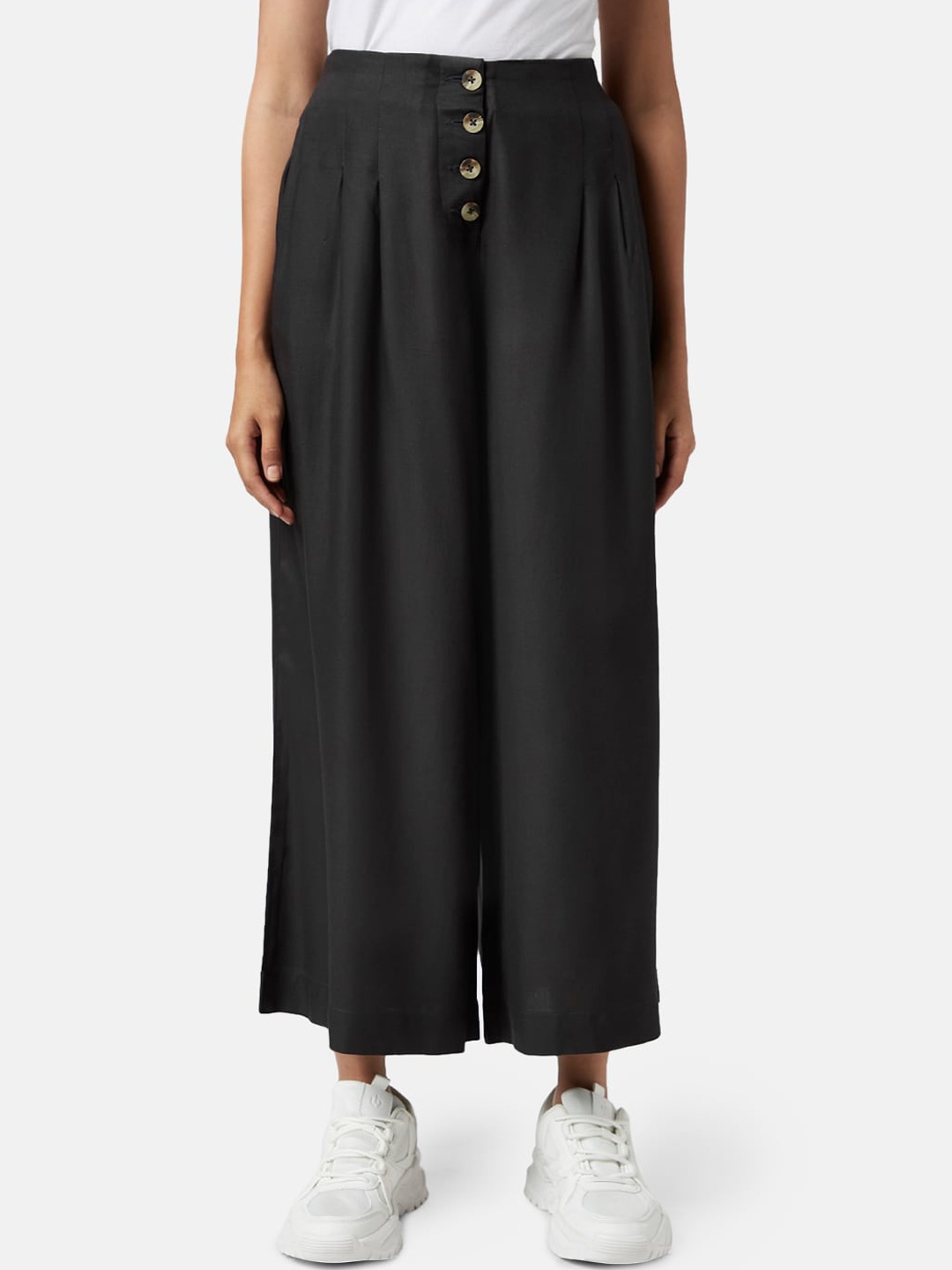 

AKKRITI BY PANTALOONS Women Flared Pleated Parallel Trousers, Black