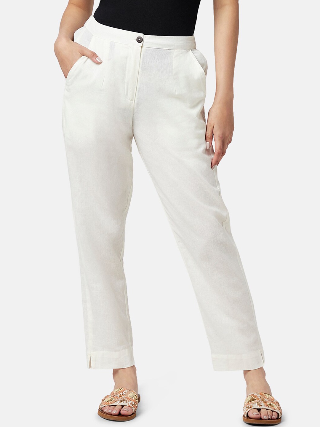 

AKKRITI BY PANTALOONS Women Cotton Mid-Rise Regular Fit Trousers, Off white