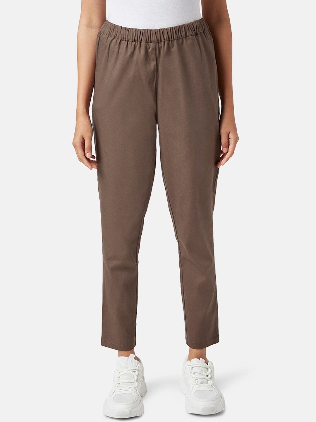 

AKKRITI BY PANTALOONS Women Cotton Mid-Rise Skinny Fit Slip-On Trousers, Brown