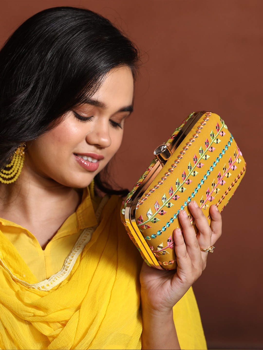 

HORRA Embroidered Box Clutch, Yellow