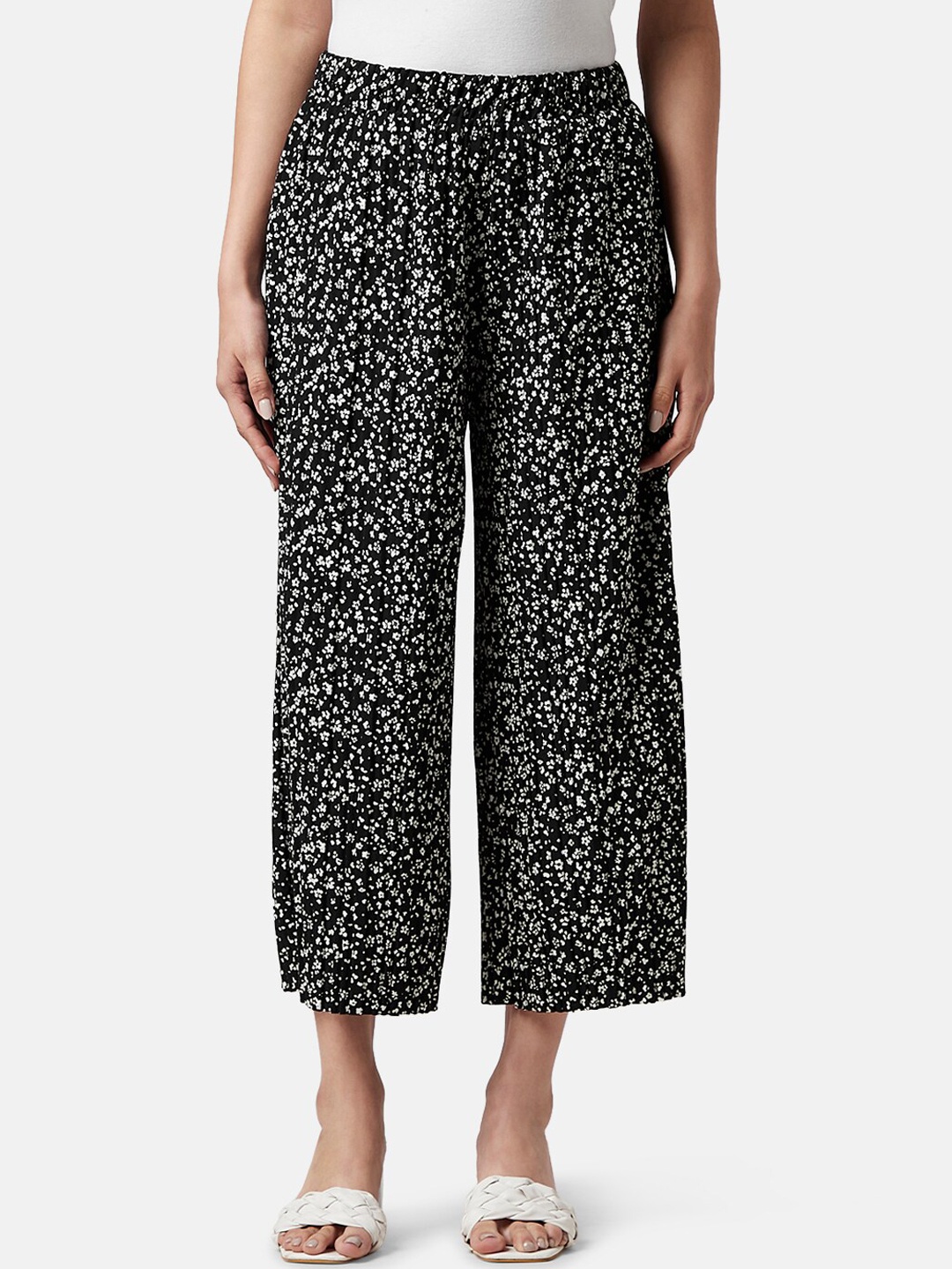 

Honey by Pantaloons Women Floral Printed High-Rise Pleated Parallel Trousers, Black