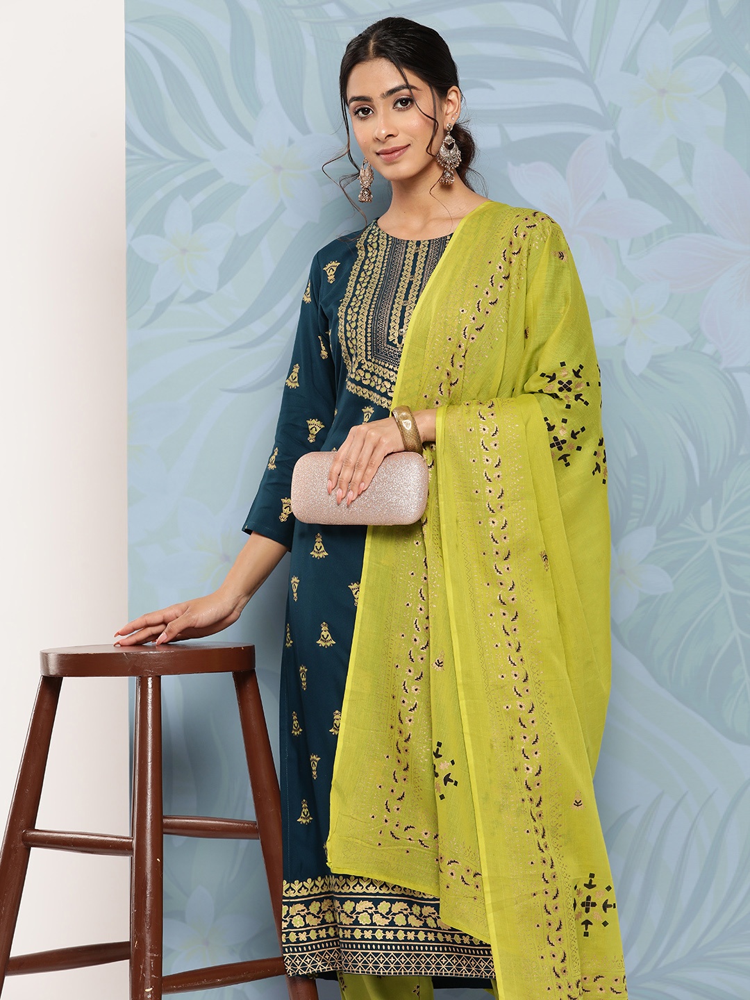 

Yufta Embroidered Regular Kurta with Trousers & With Dupatta, Teal