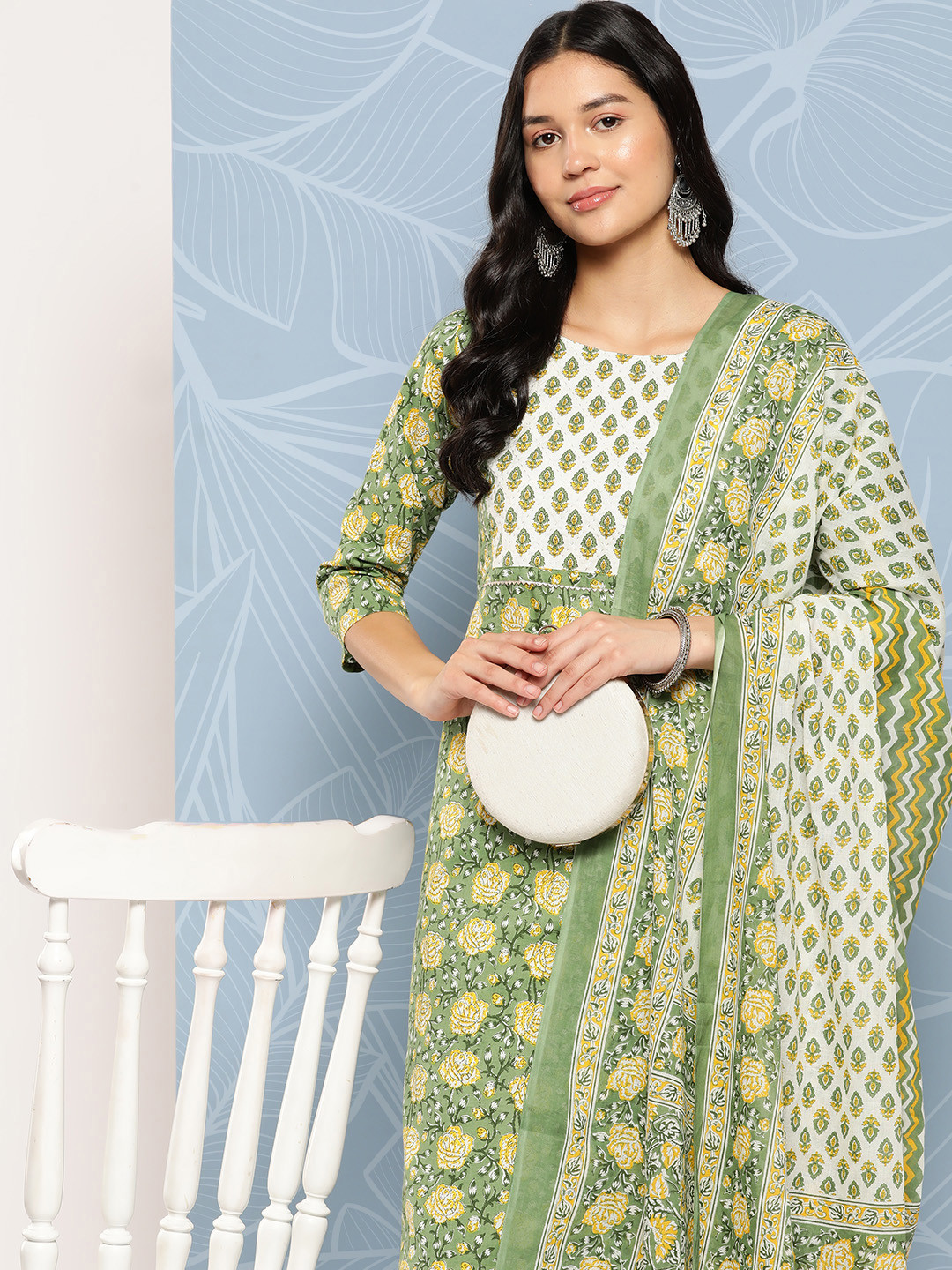 

Yufta Ethnic Motifs Printed Regular Pure Cotton Kurta with Trousers & With Dupatta, Green