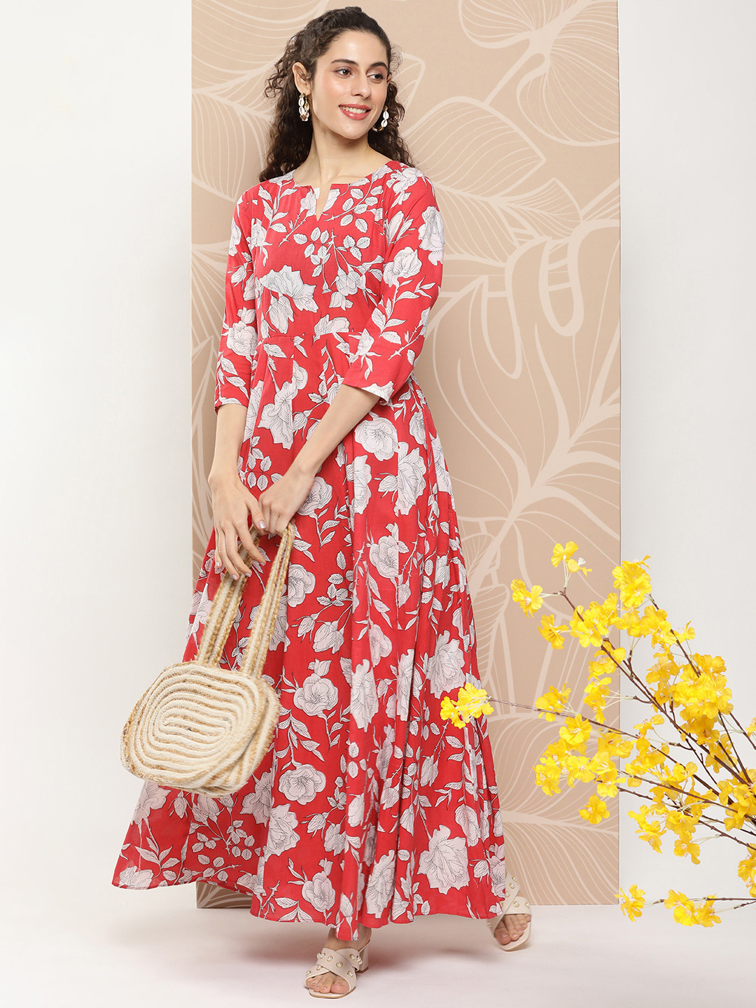 

Bhama Couture Floral Print Fit & Flare Maxi Ethnic Dress, Red