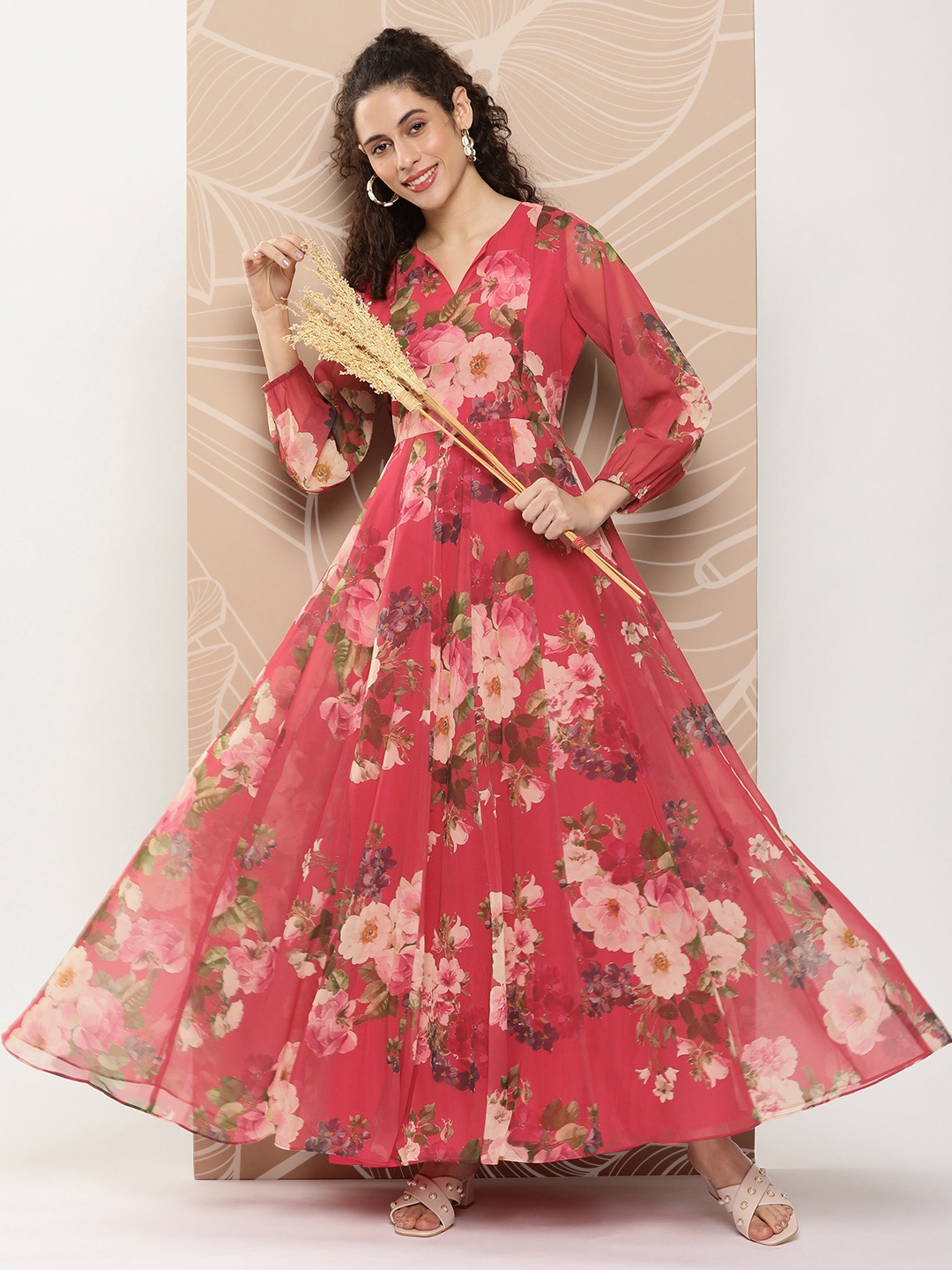 

Bhama Couture Floral Print Puff Sleeves Georgette Fit & Flare Maxi Ethnic Dress, Fuchsia