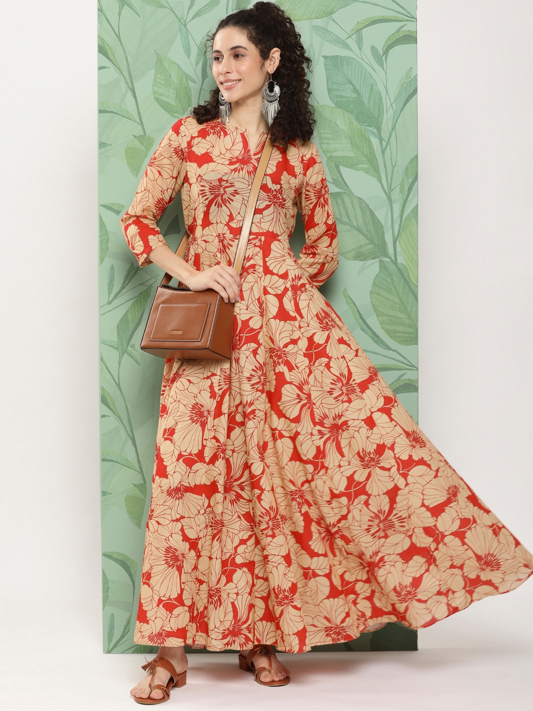 

Bhama Couture Floral Print A-Line Cotton Maxi Dress, Red