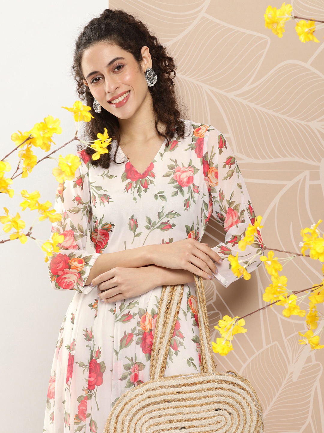 

Bhama Couture Floral Print Georgette Ethnic Fit & Flare Maxi Dress, White