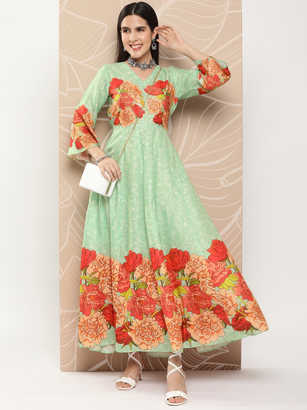 

Bhama Couture Floral Print Flared Sleeves Fit & Flare Maxi Ethnic Dress, Sea green