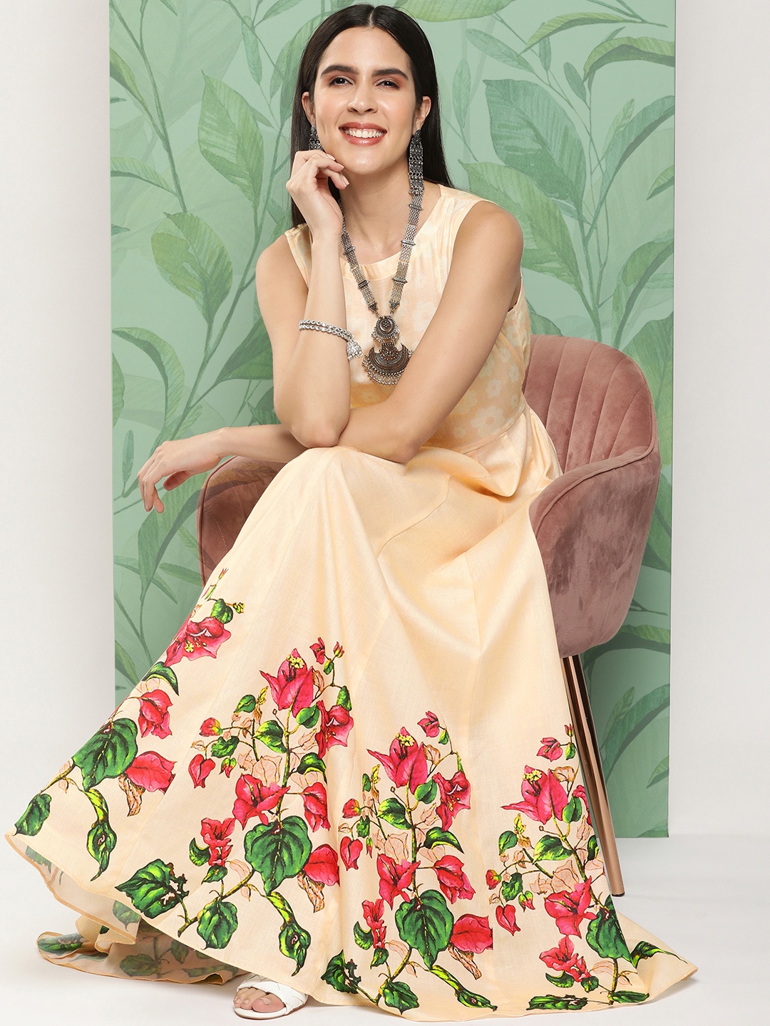 

Bhama Couture Floral Print A-Line Cotton Maxi Dress, Beige